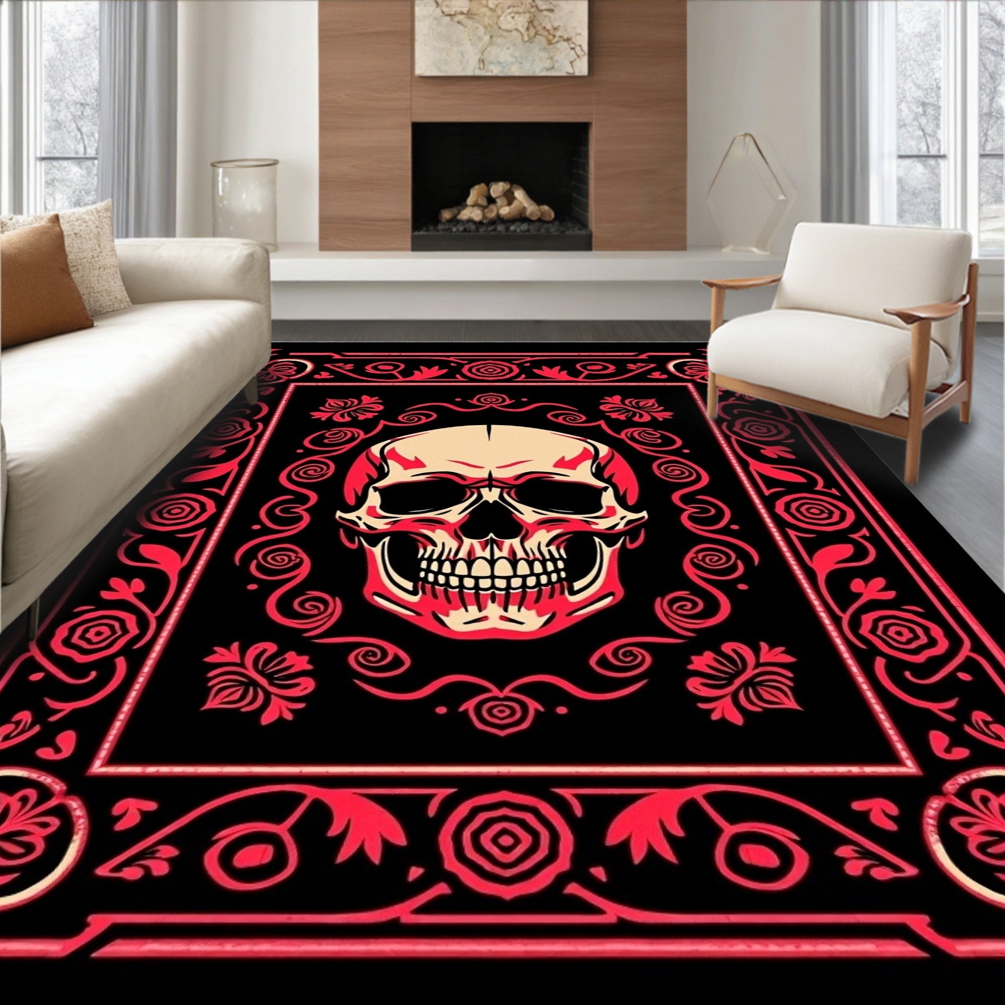 Crimson Skull Floral Ornate Frame Rug