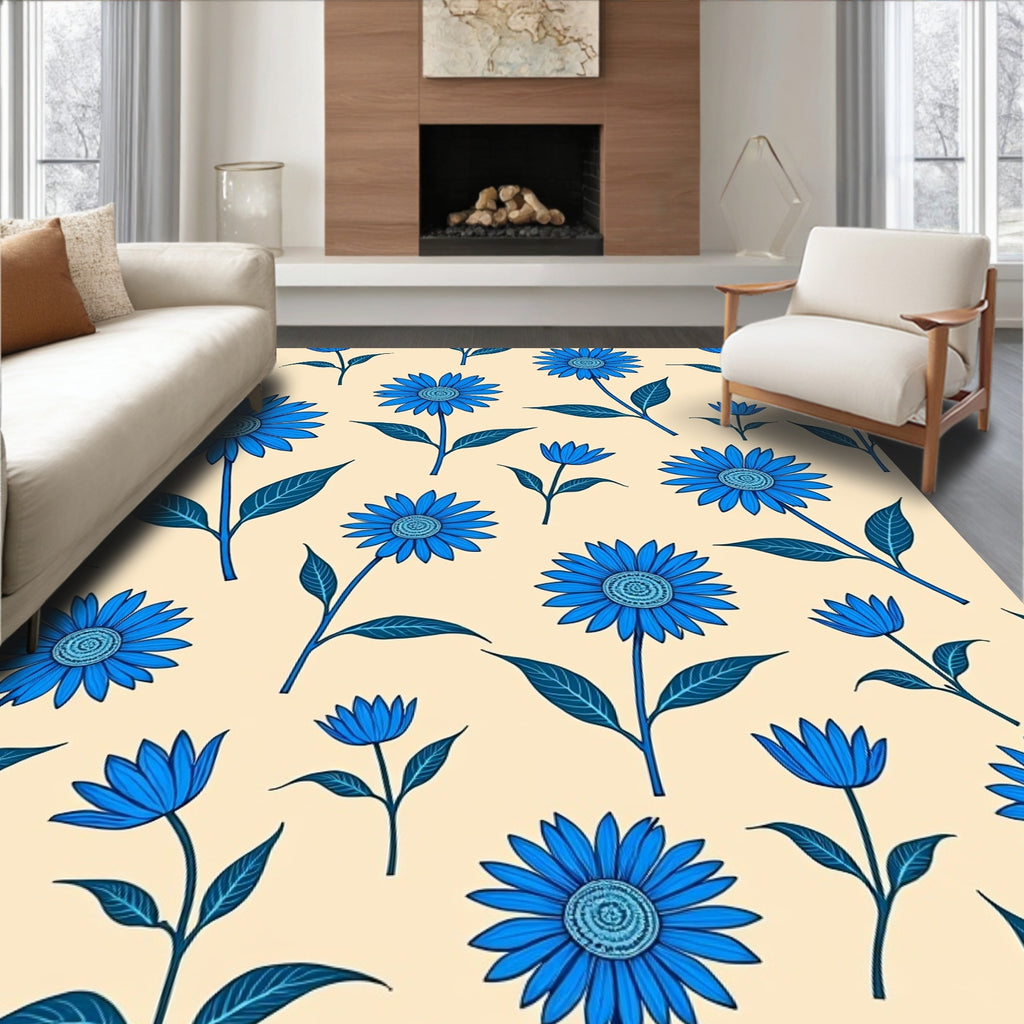 Vibrant Blue Daisy Garden Pattern Rug