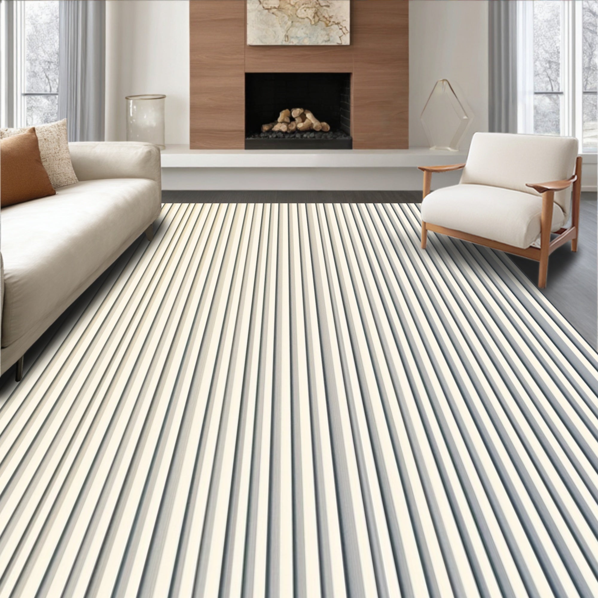 Cream Vertical Ribbed Textured Rug