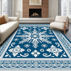 Deep Blue White Snowflake Floral Medallion Rug
