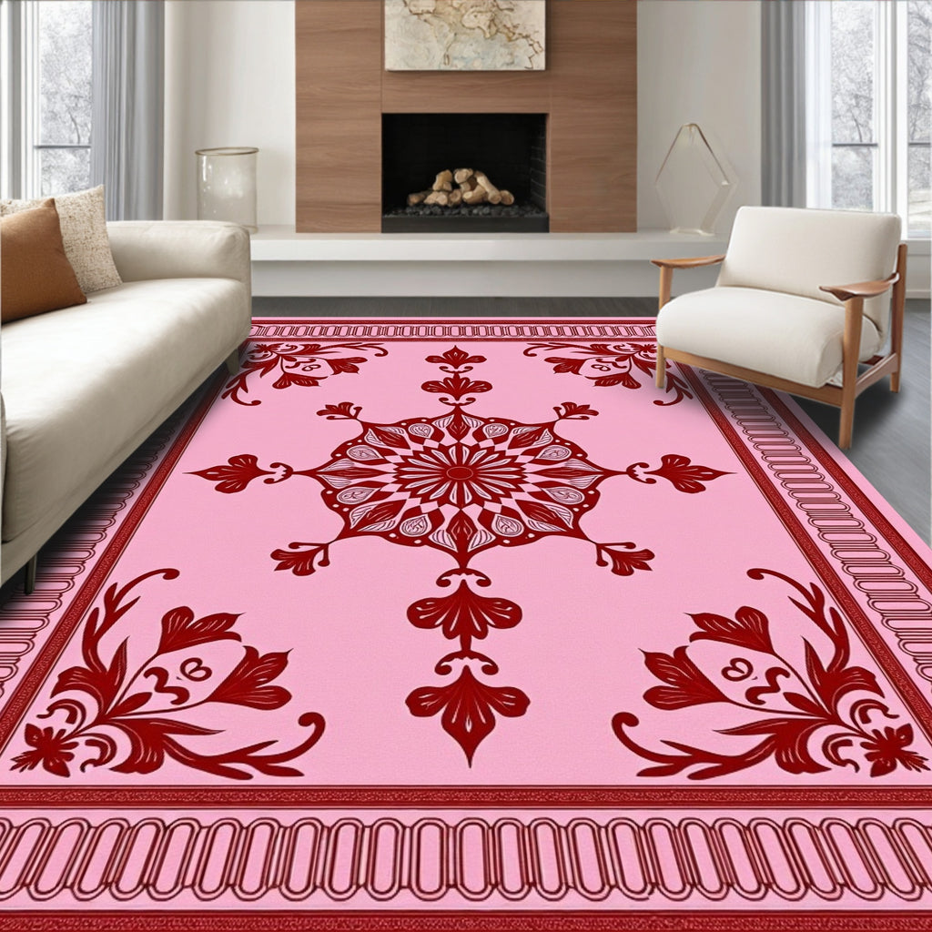 Crimson Floral Medallion Pink Rug