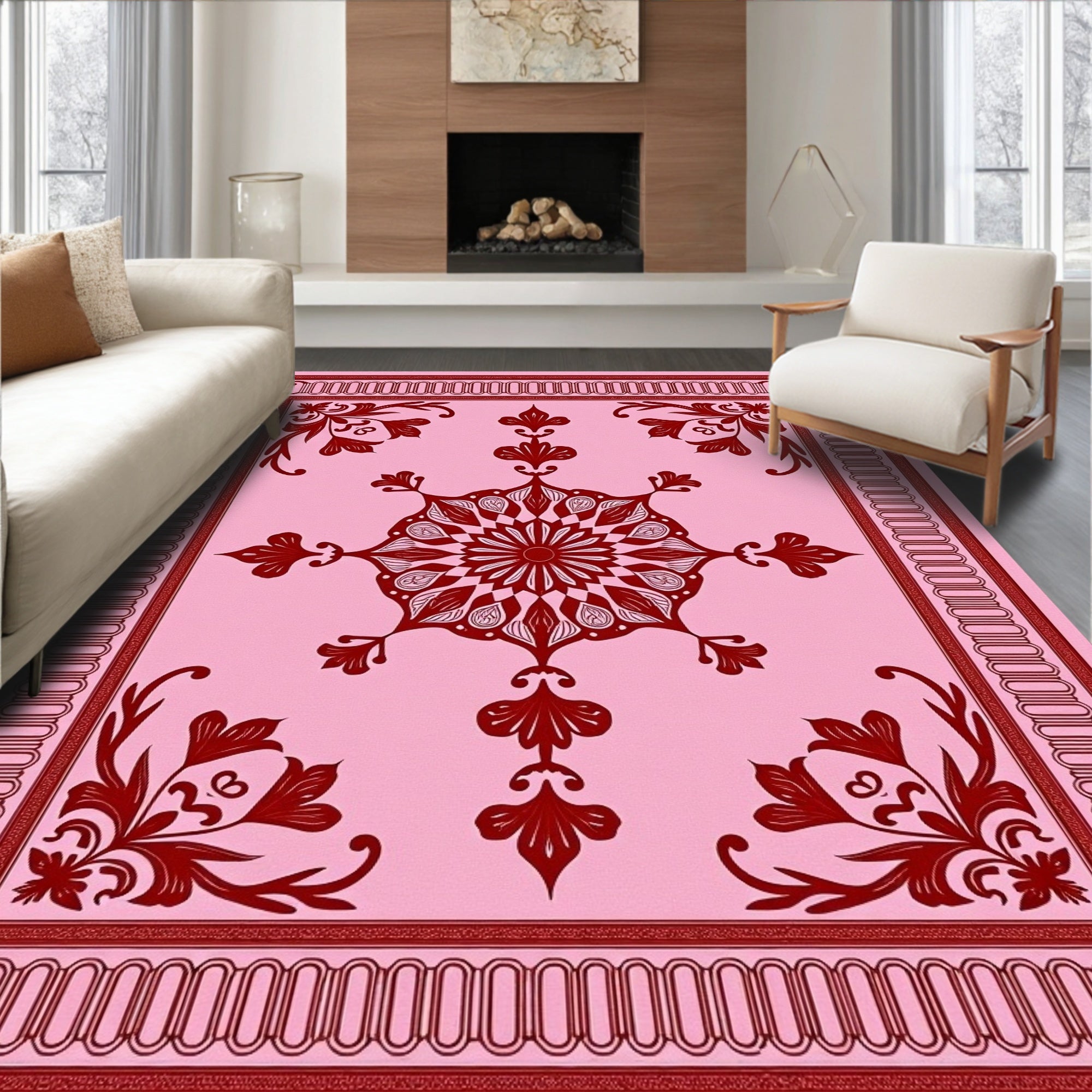 Crimson Floral Medallion Pink Rug