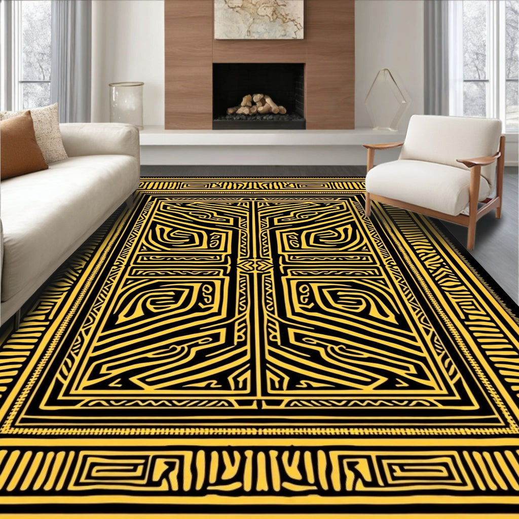 Golden Black Abstract Maze Rug