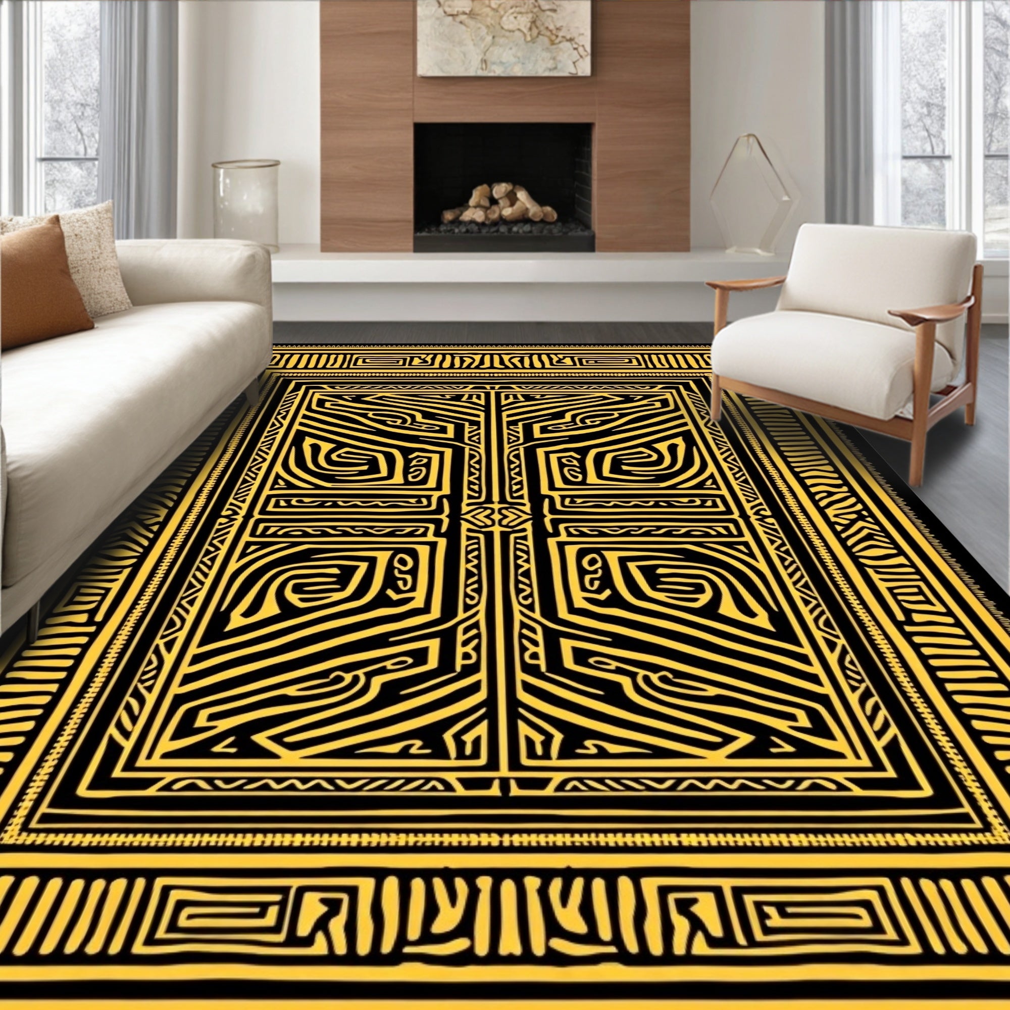 Golden Black Abstract Maze Rug