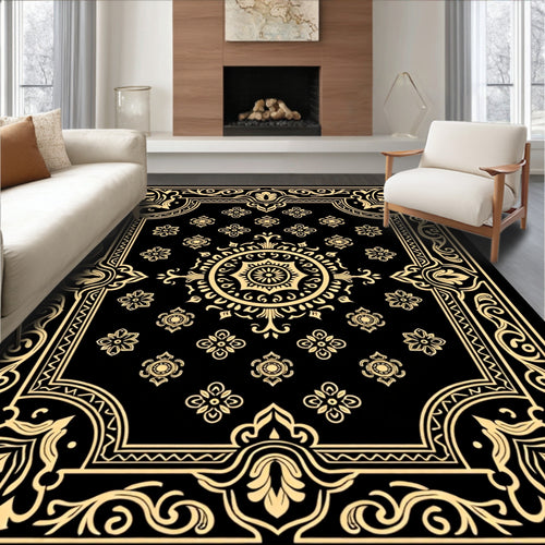 Black Golden Mandala Floral Border Rug