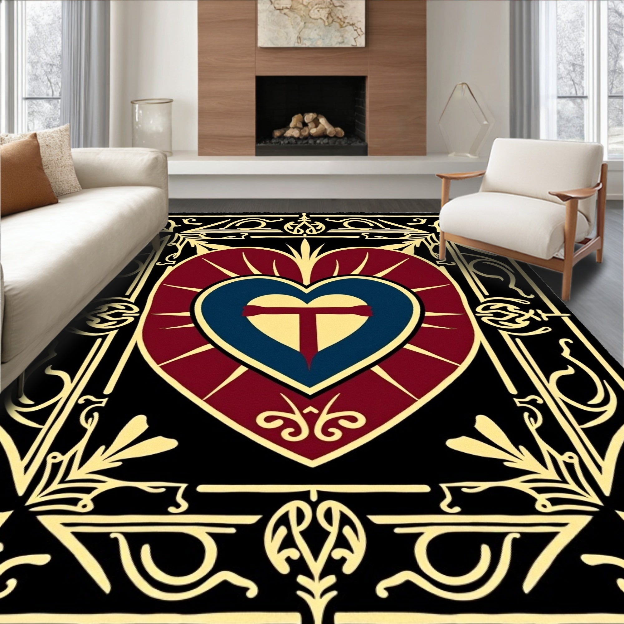Crimson Heart with Gold Border Rug