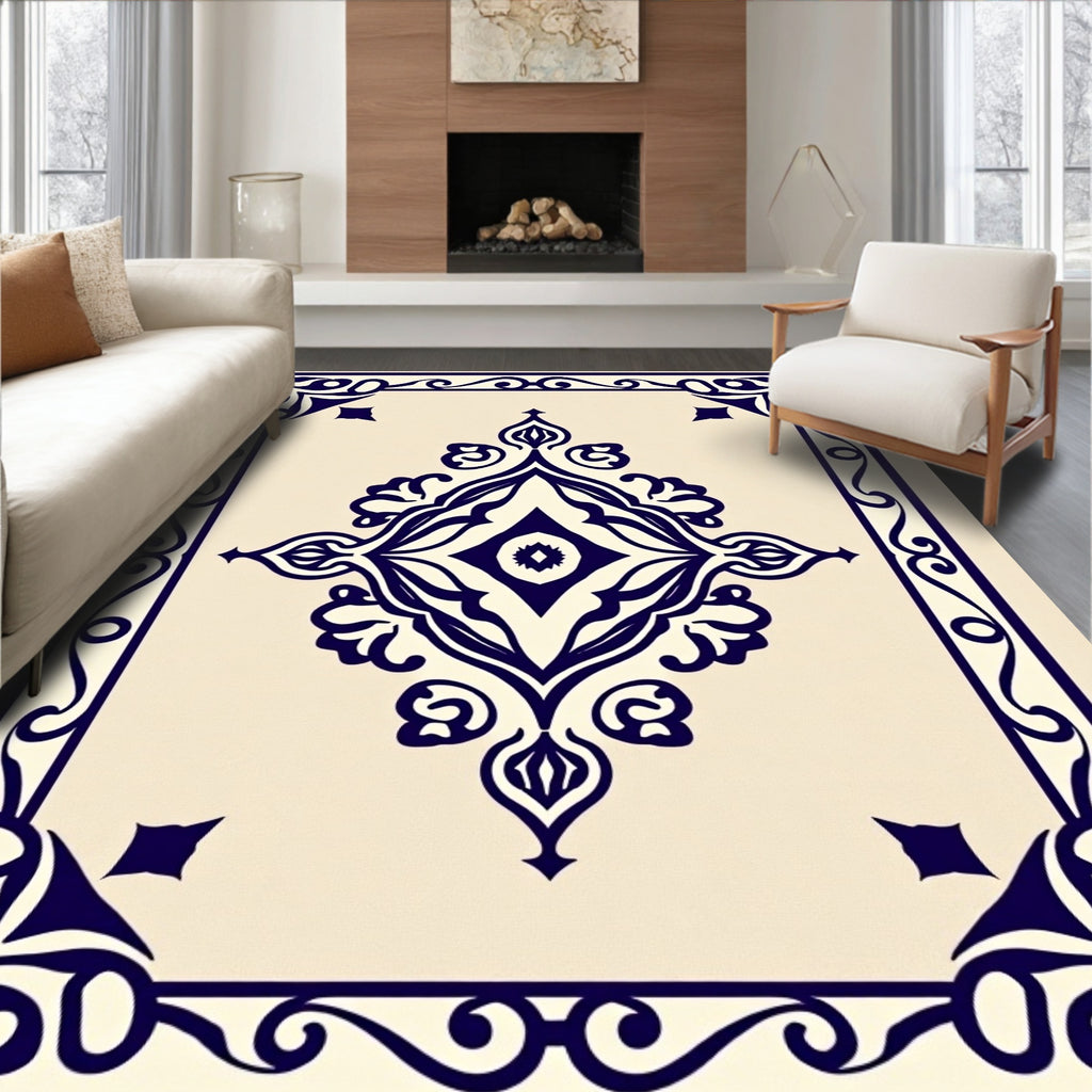 Navy Blue Cream Floral Medallion Frame Rug