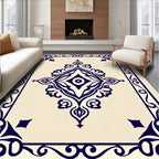 Navy Blue Cream Floral Medallion Frame Rug