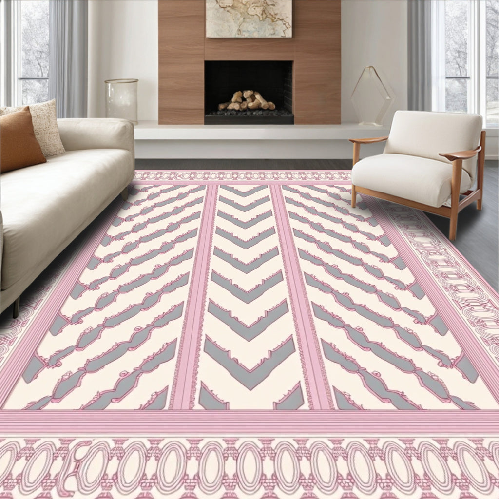 Blush Pink Gray Chevron Medallion Frame Rug