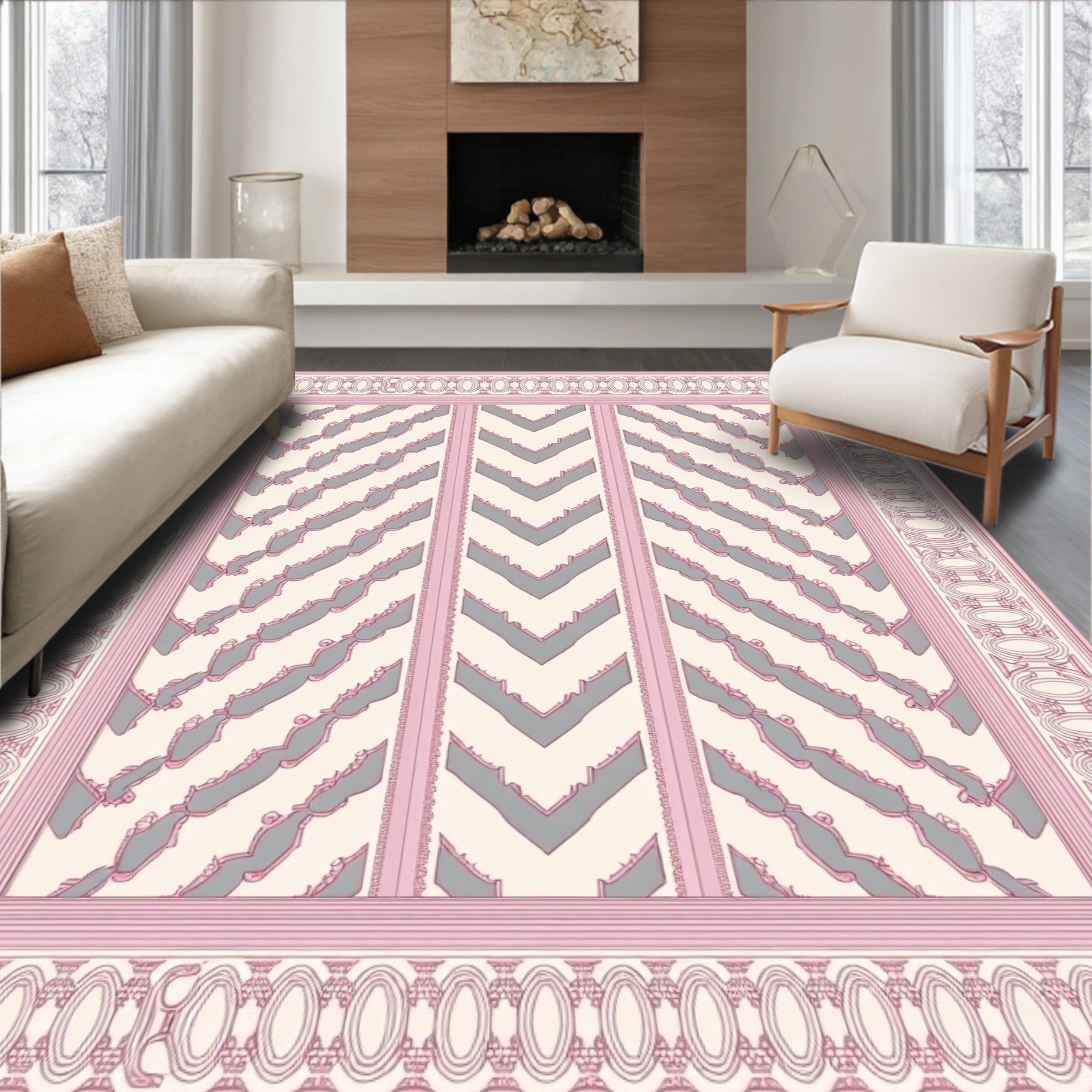 Blush Pink Gray Chevron Medallion Frame Rug