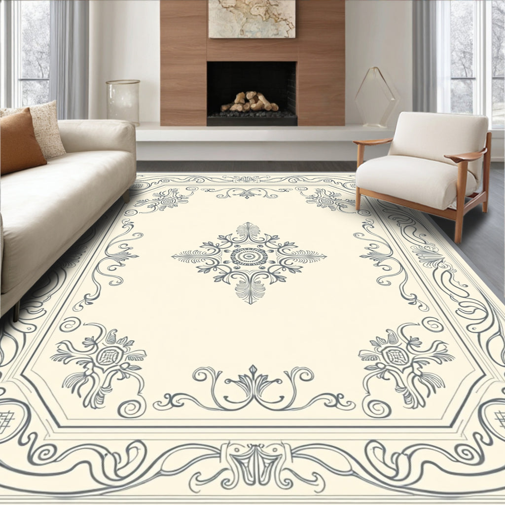 Ornate Cream Gray Floral Border Rug