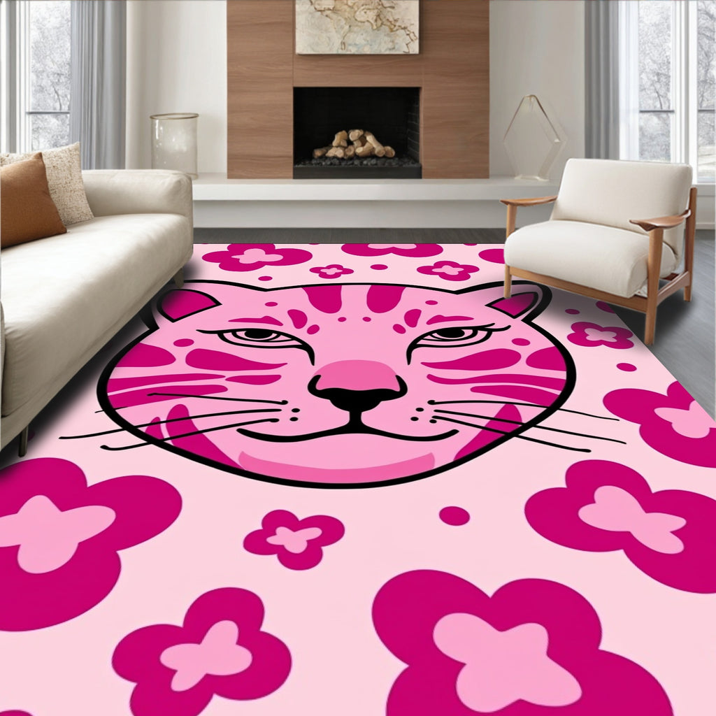 Pink Floral Cat Face Rug