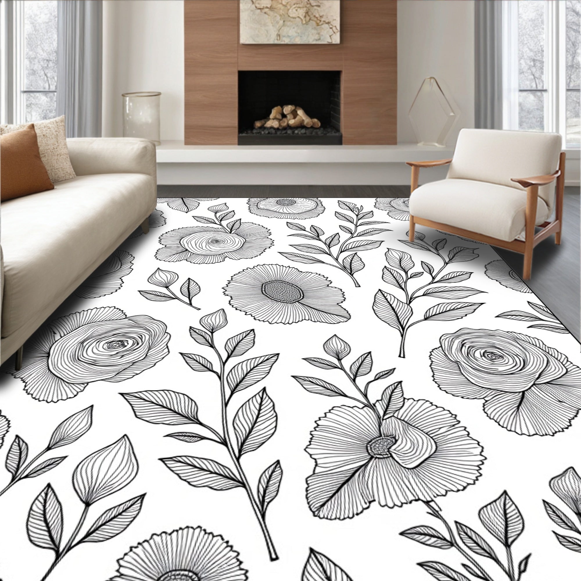 Floral Branches Black White Line Art Rug