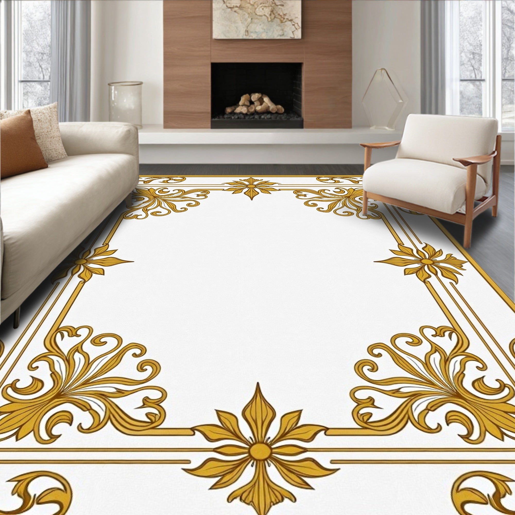 Golden Floral Frame Border Rug