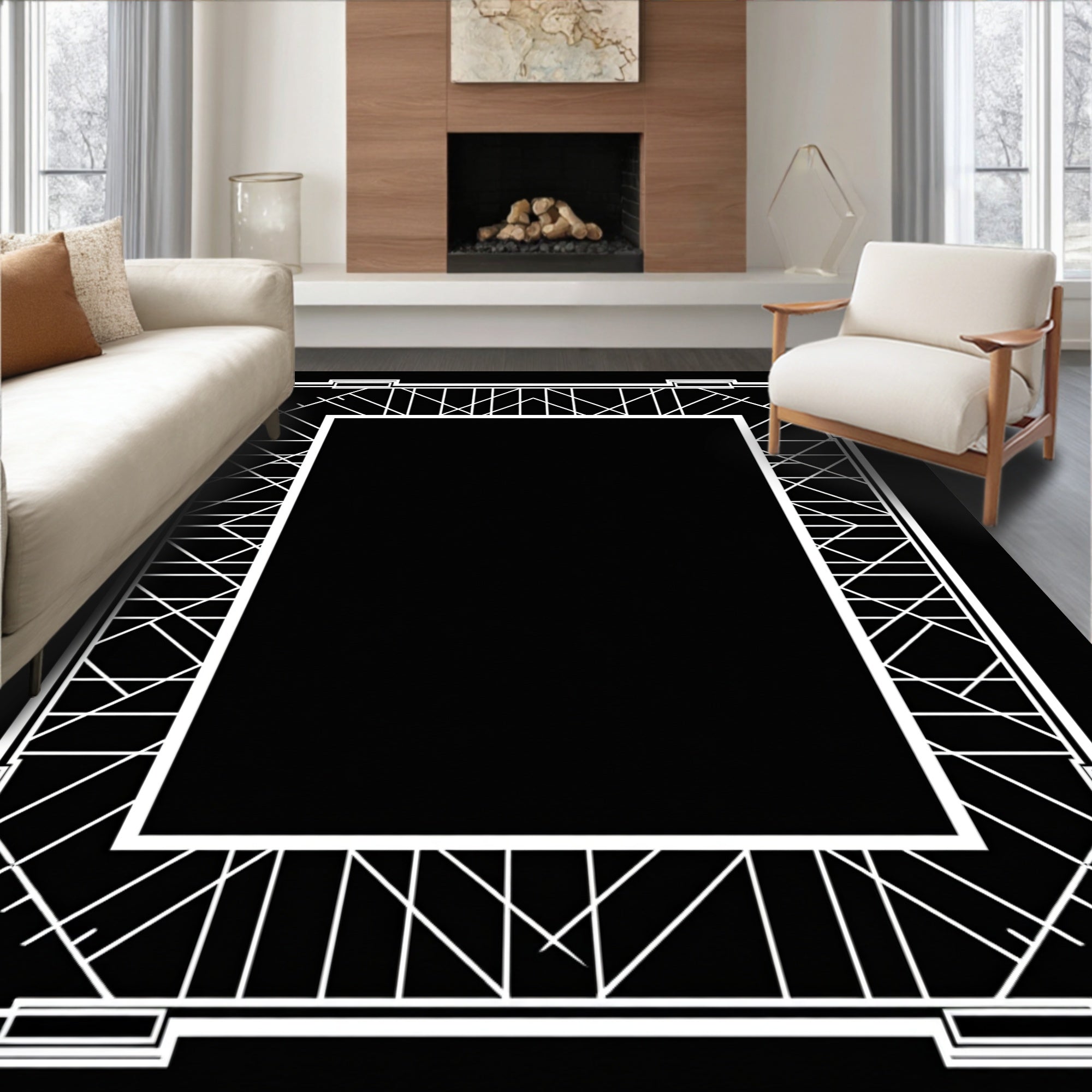 Art Deco Frame Geometric White Rug