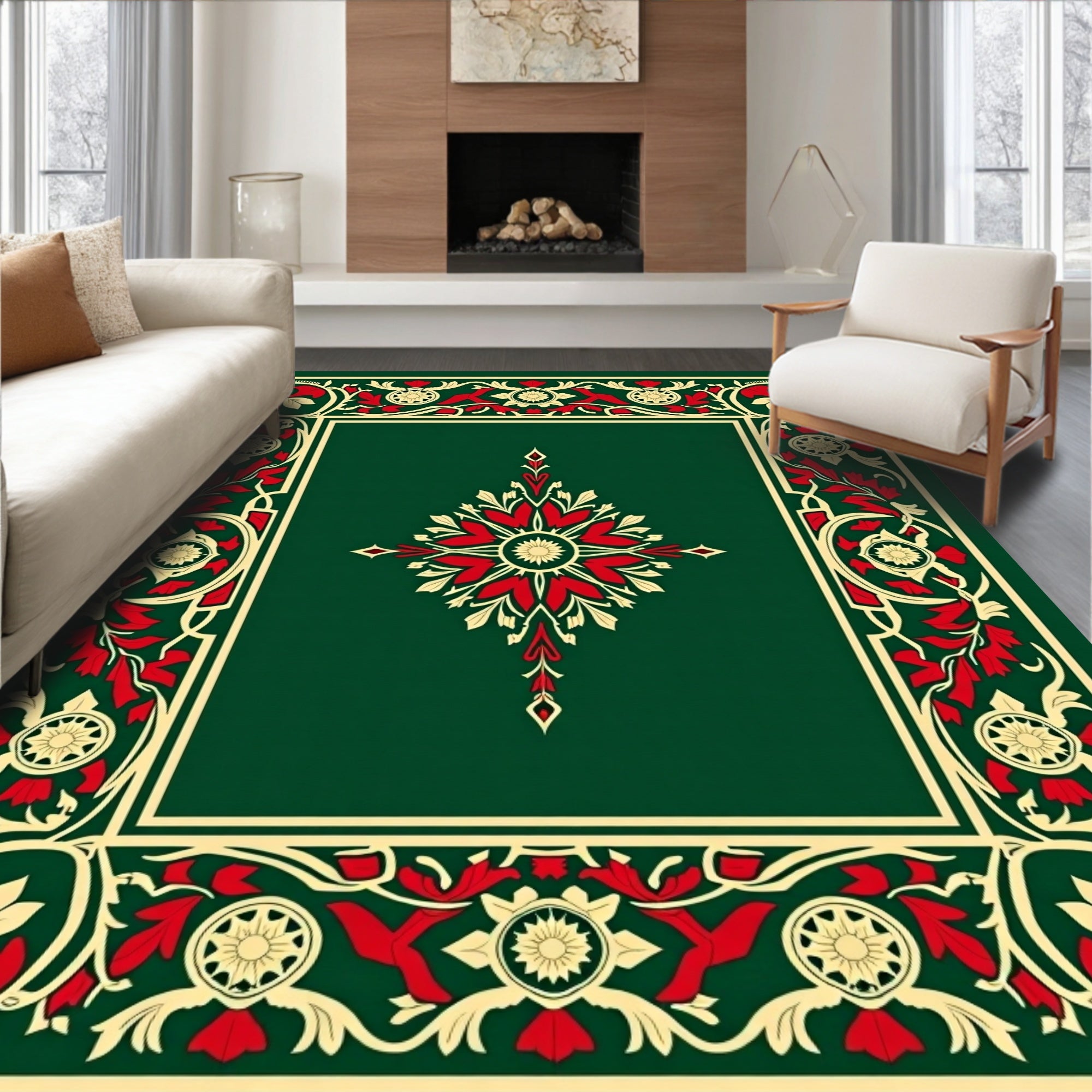 Emerald Red Floral Scroll Border Rug