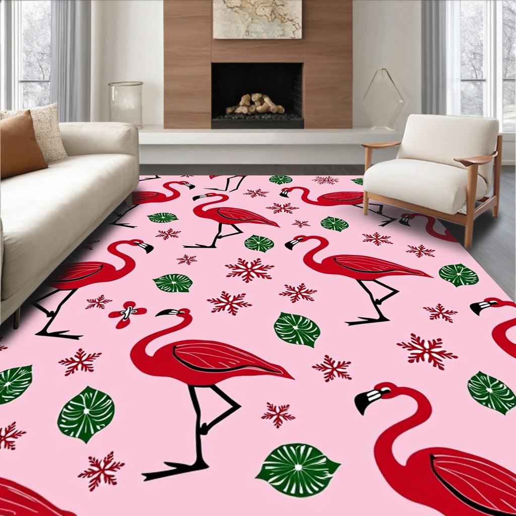 Crimson Flamingos With Green Feathers Rug