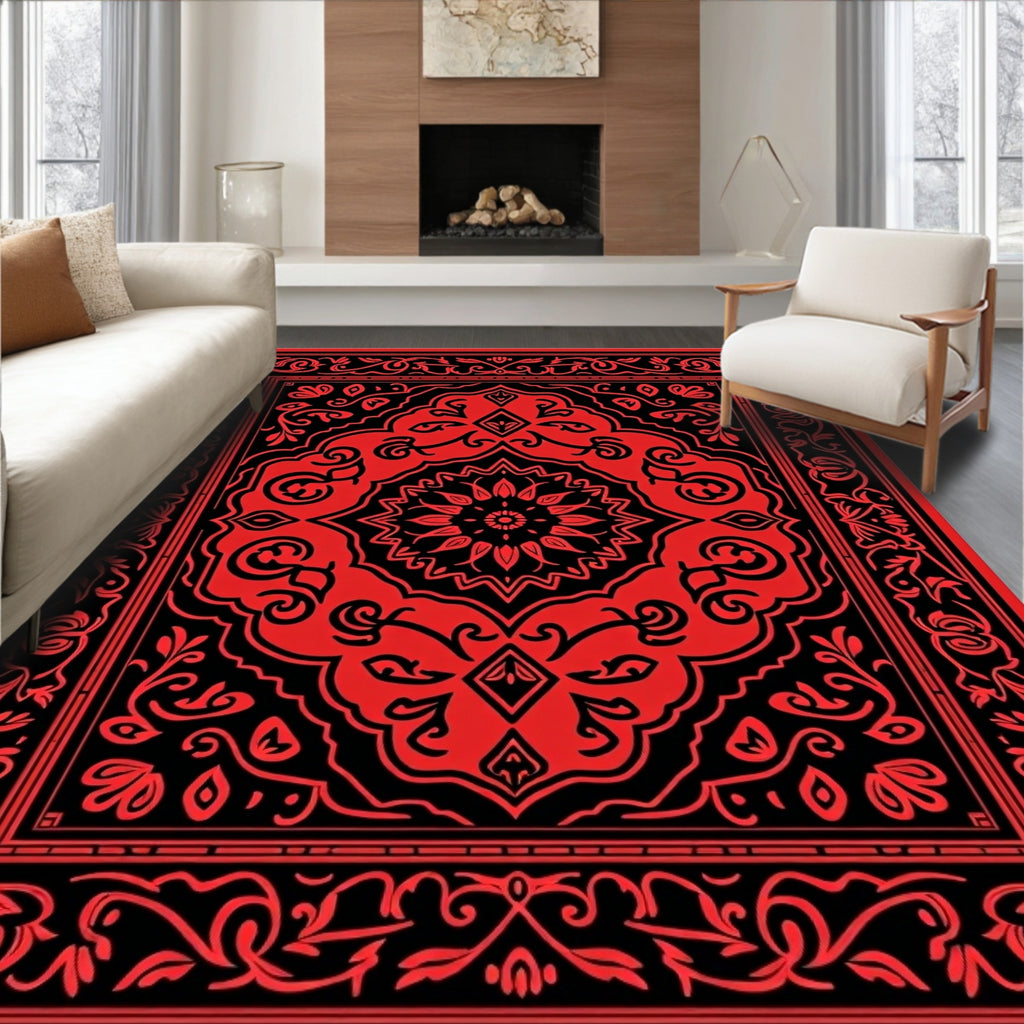 Vivid Red Floral Medallion Border Rug