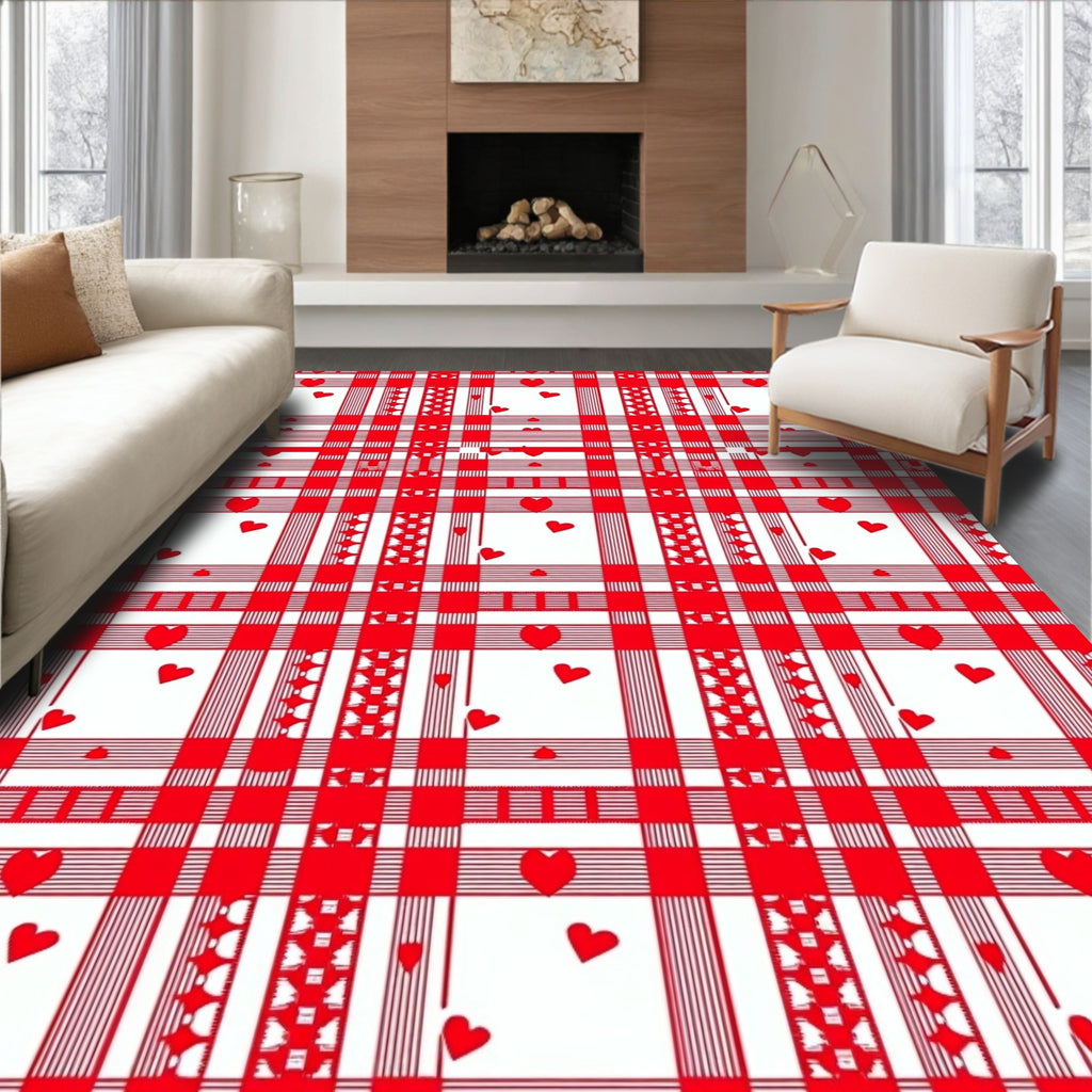 Red White Heart Plaid Collection Rug