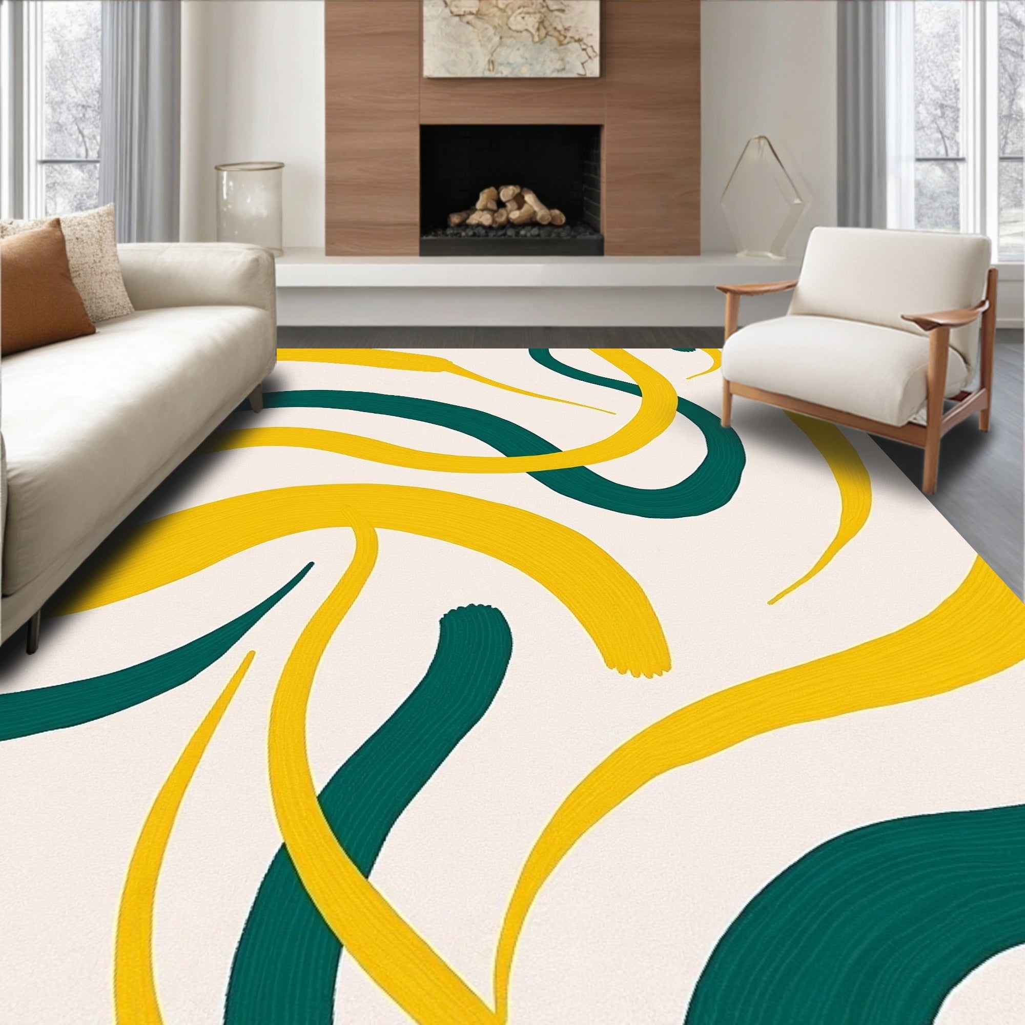 Gold Emerald Swirl Abstract Ribbon Rug