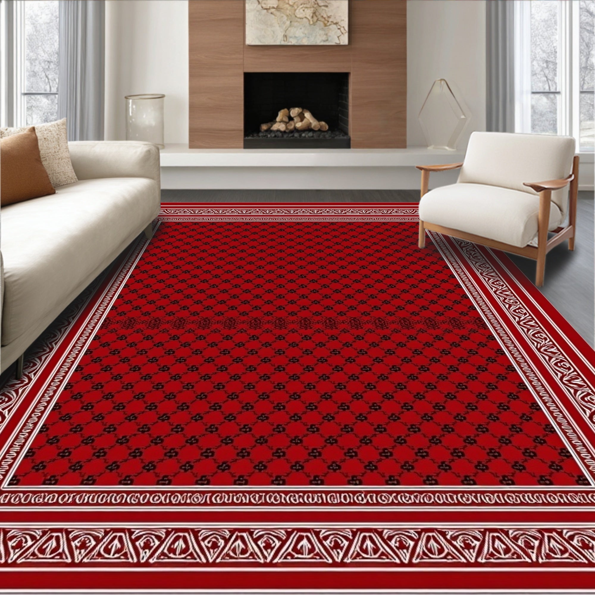 Rich Crimson Lattice Border Rug