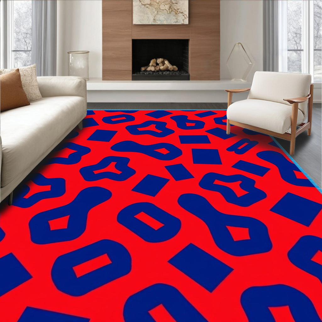Red Blue Abstract Shapes Rug