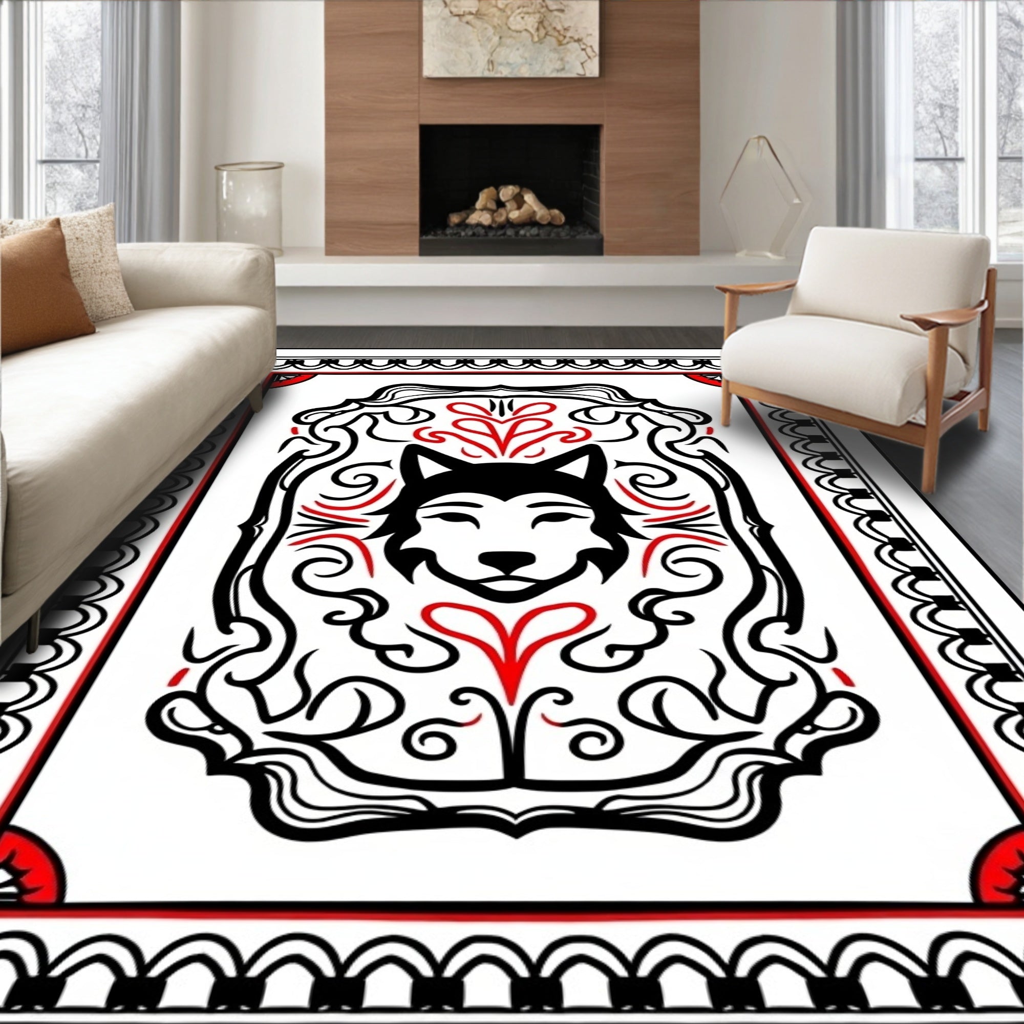 Bold Black Wolf Tribal Border Rug