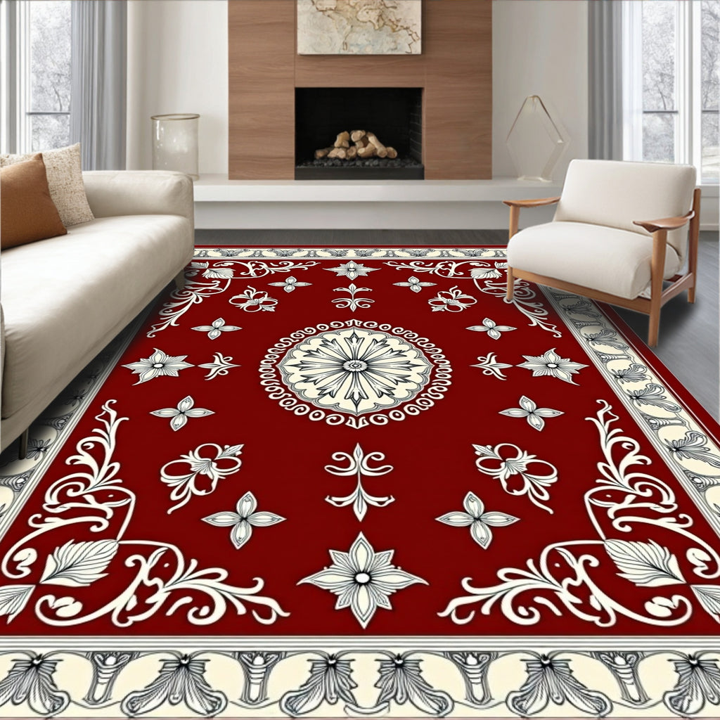 Crimson Bloom Scrollwork Frame Rug