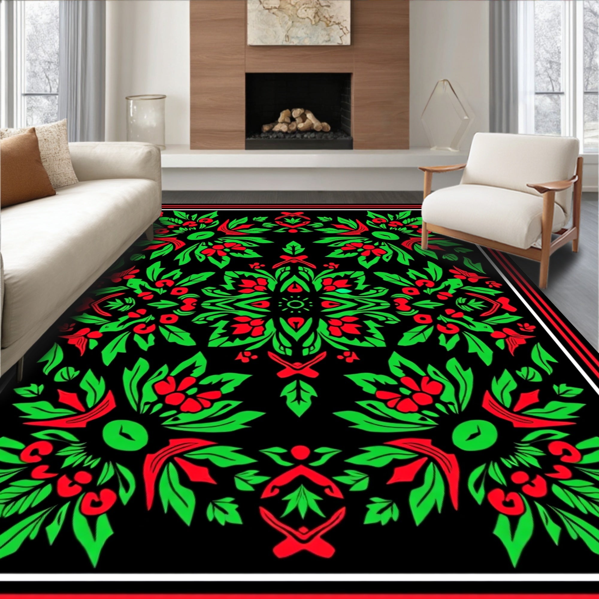 Ornate Red Green Floral Symmetry Rug