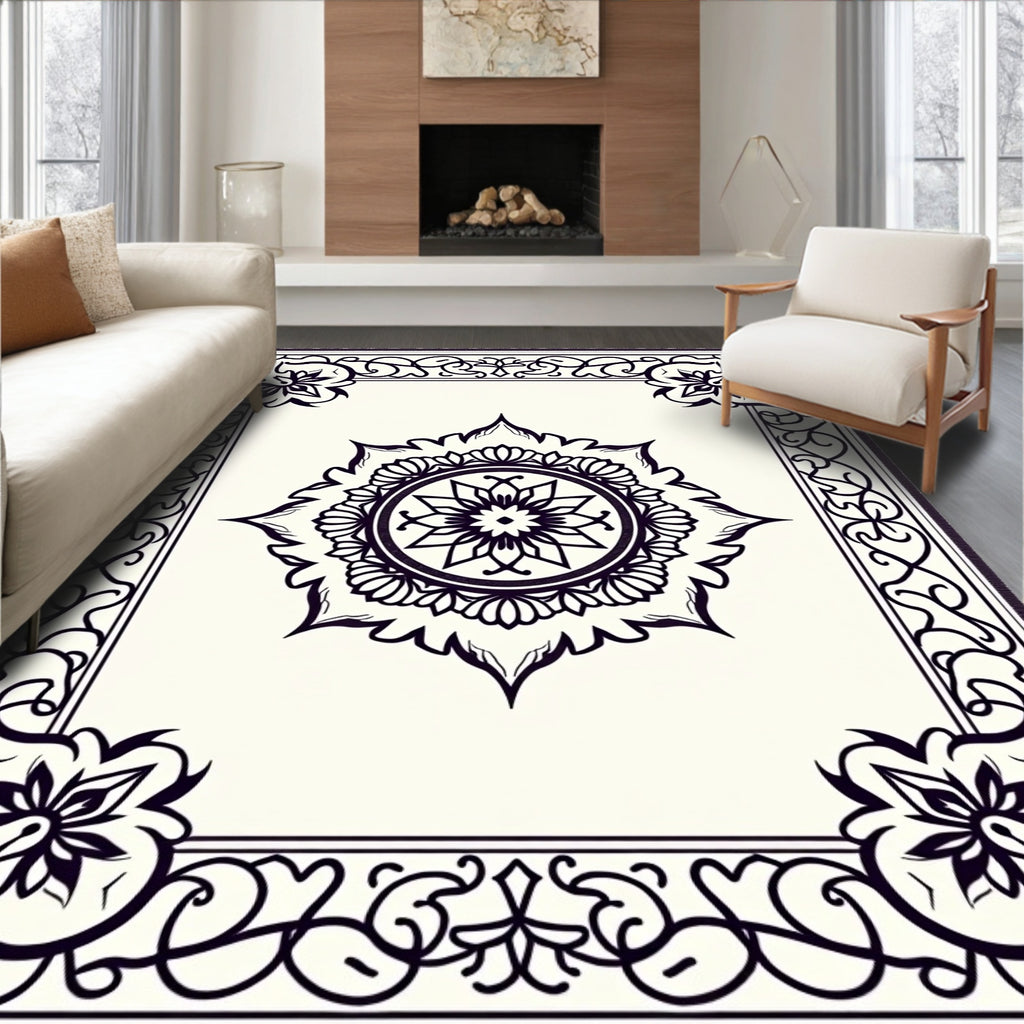 Intricate Black Mandalas Cream Medallion Rug
