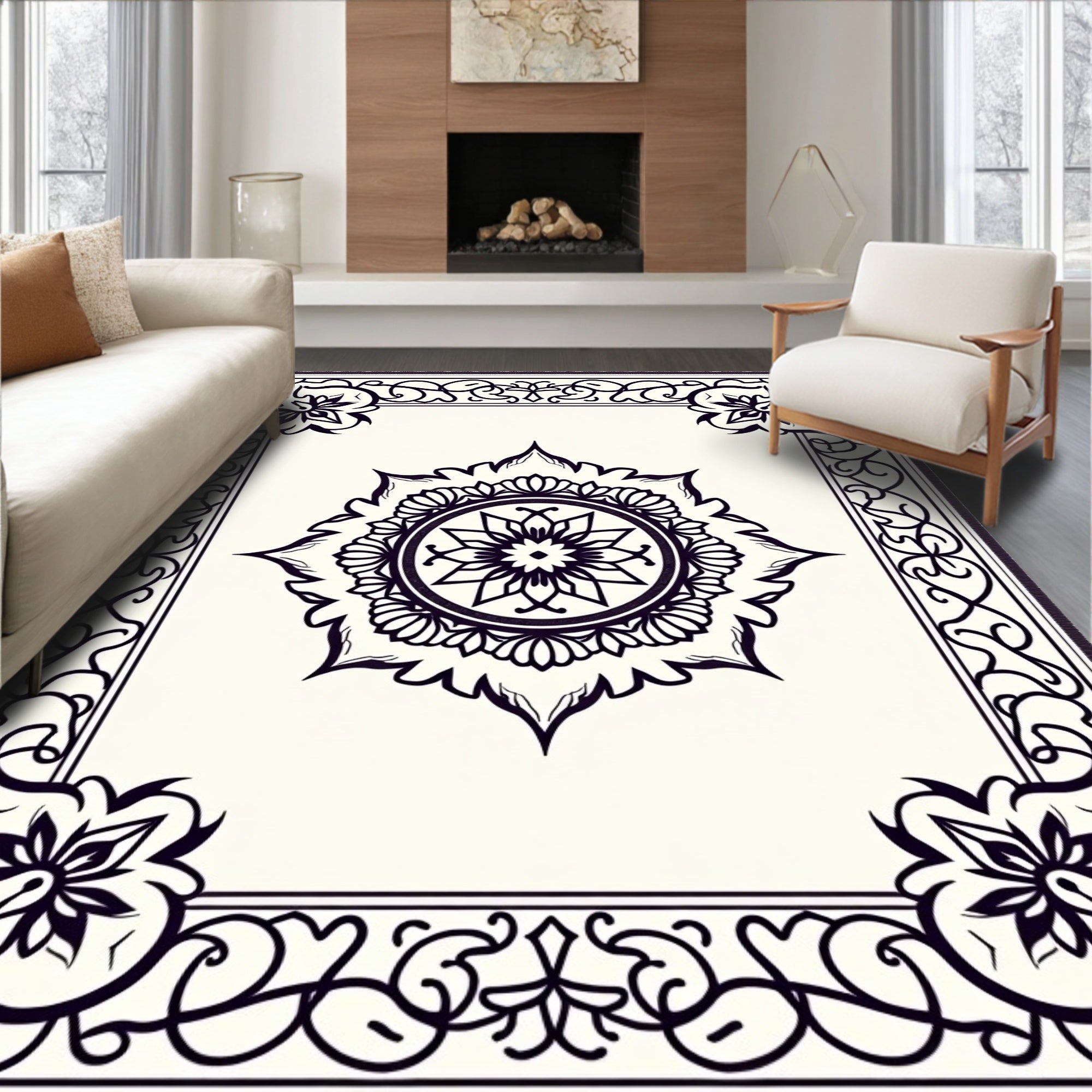 Intricate Black Mandalas Cream Medallion Rug
