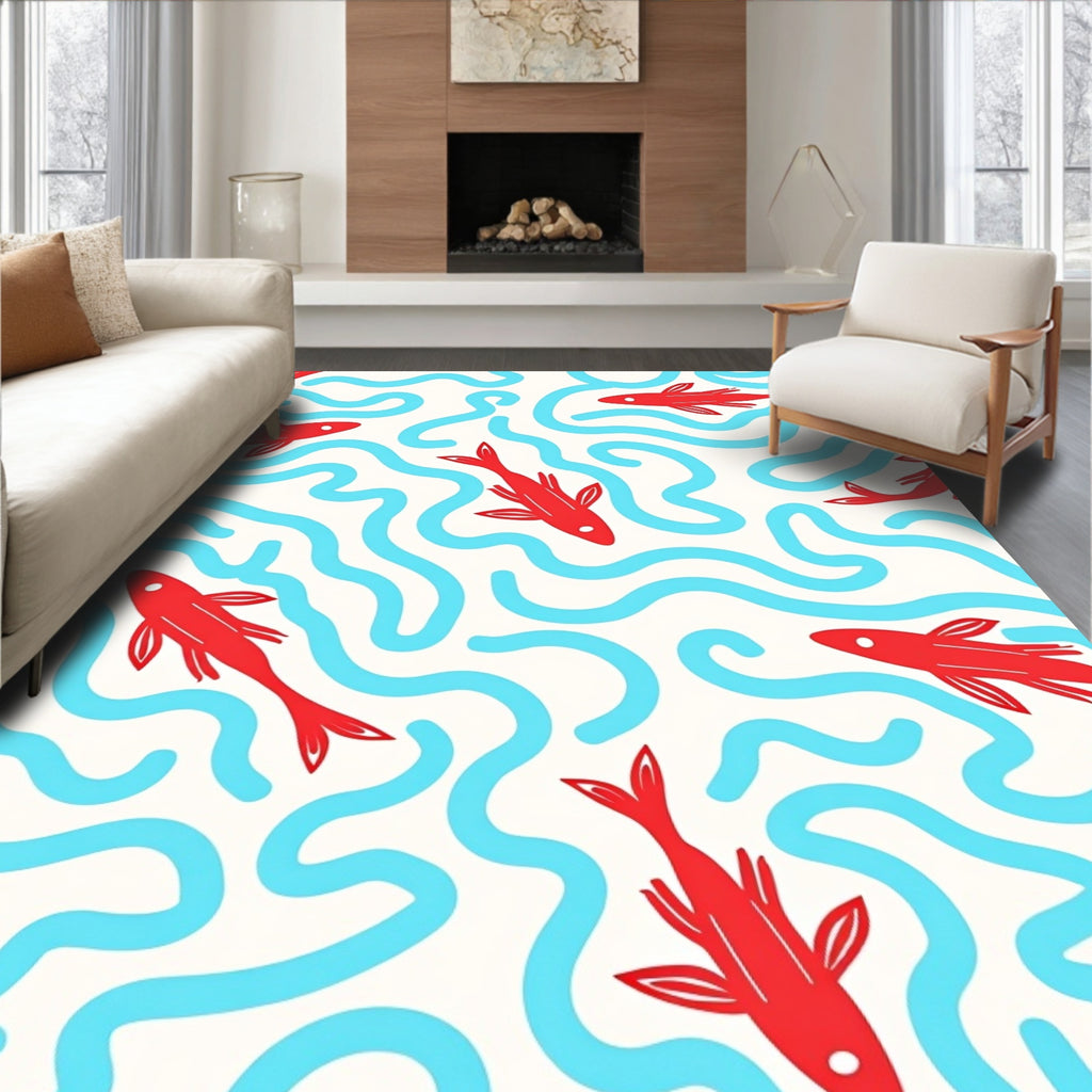 Red Fish Blue Wavy Lines Rug