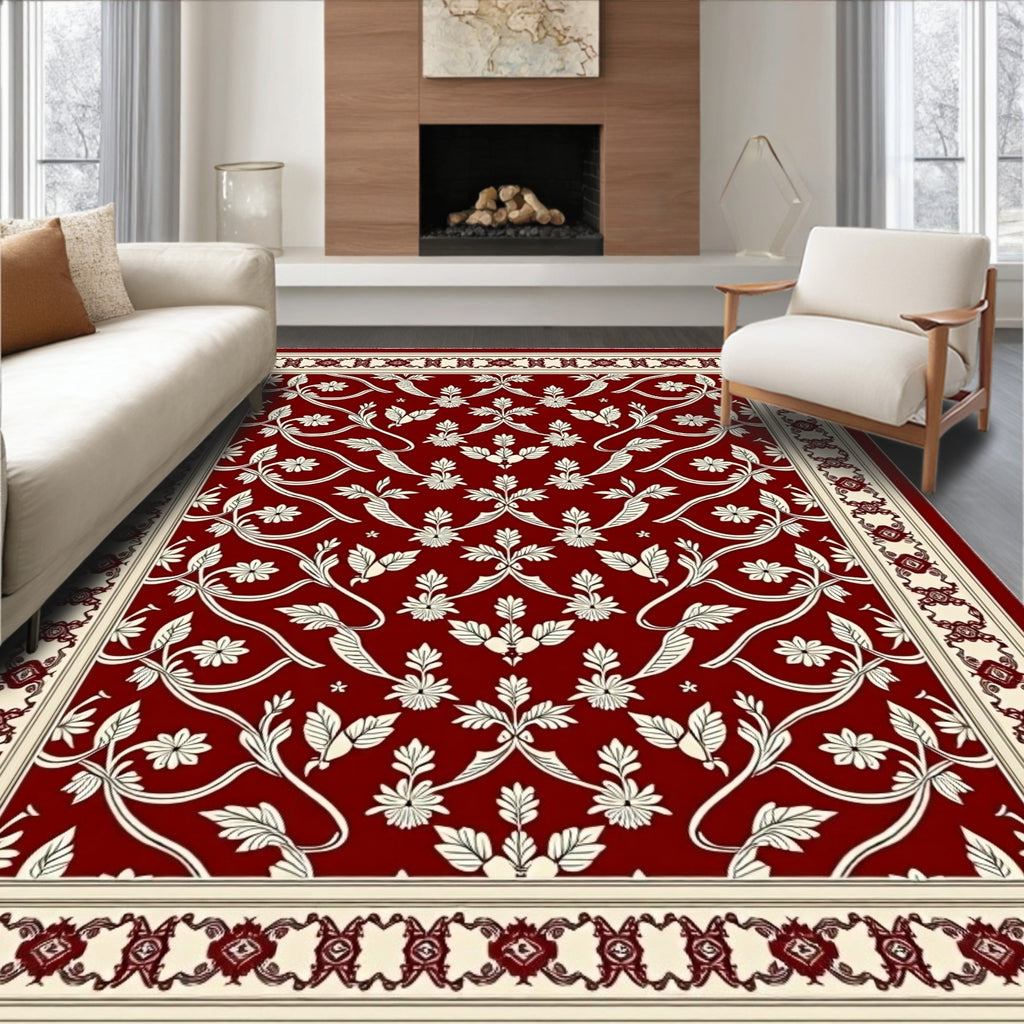 Crimson Cream Floral Vine Border Rug