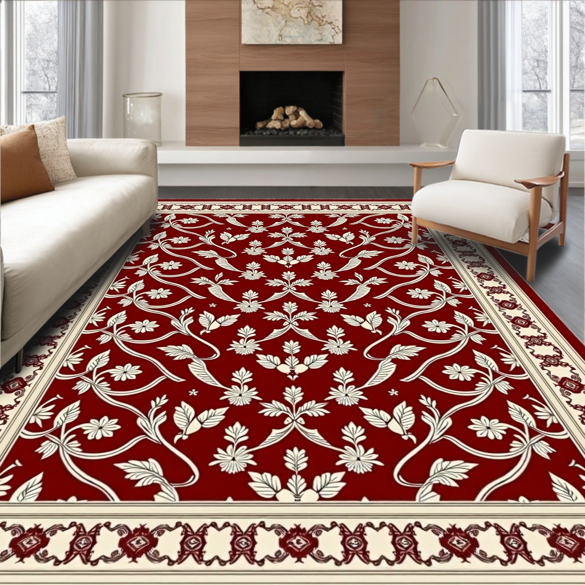 Crimson Cream Floral Vine Border Rug
