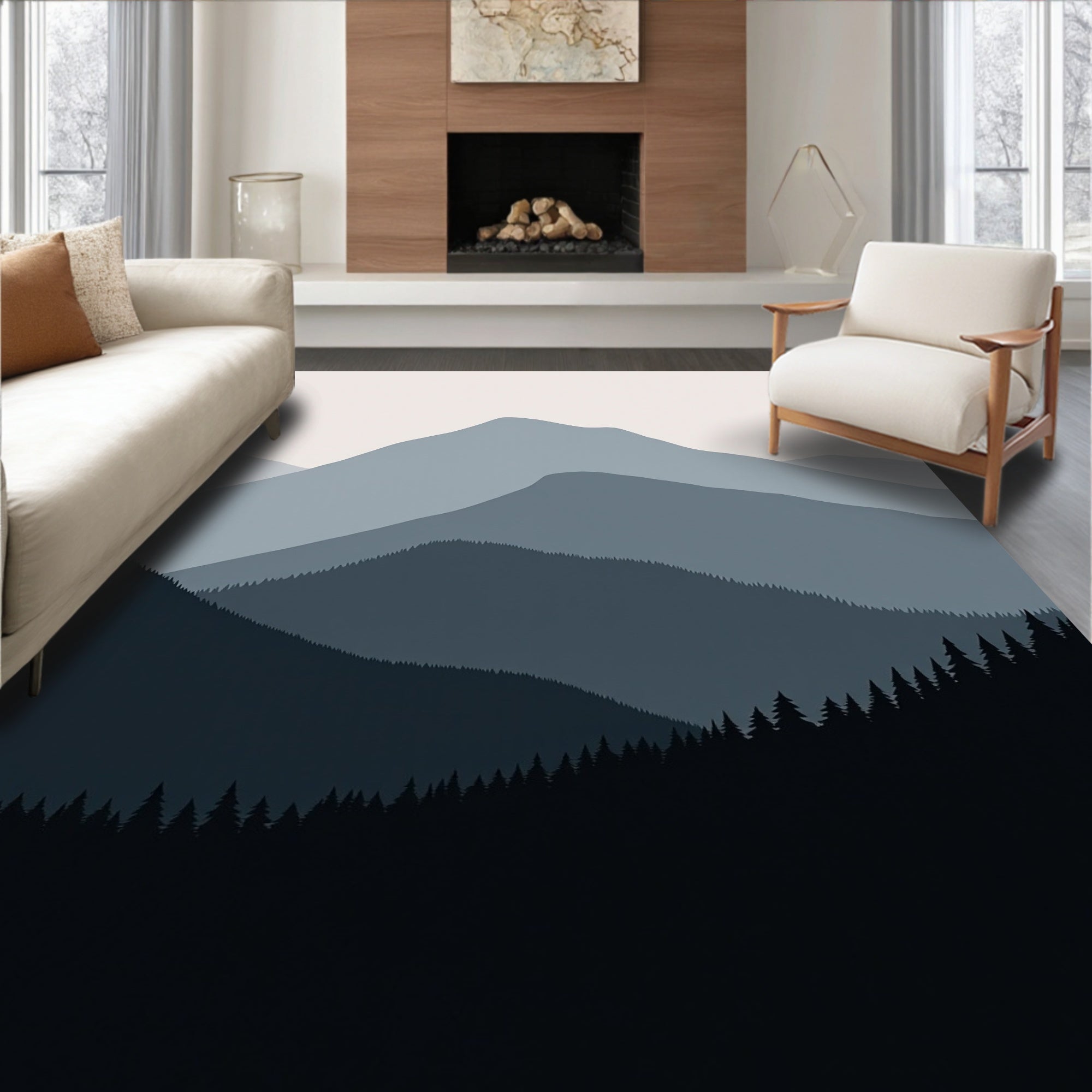 Misty Blue Mountain Forest Landscape Rug
