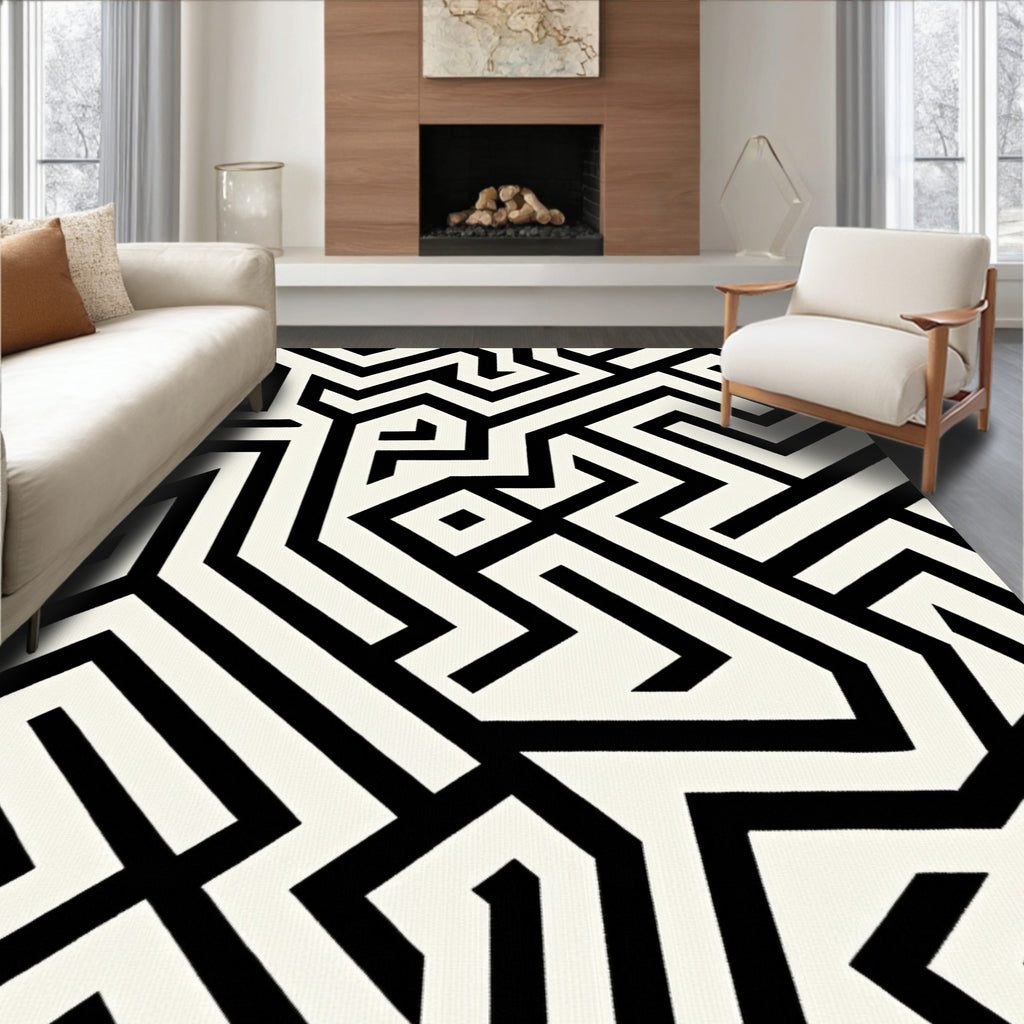 Sharp Monochrome Maze Lines Rug