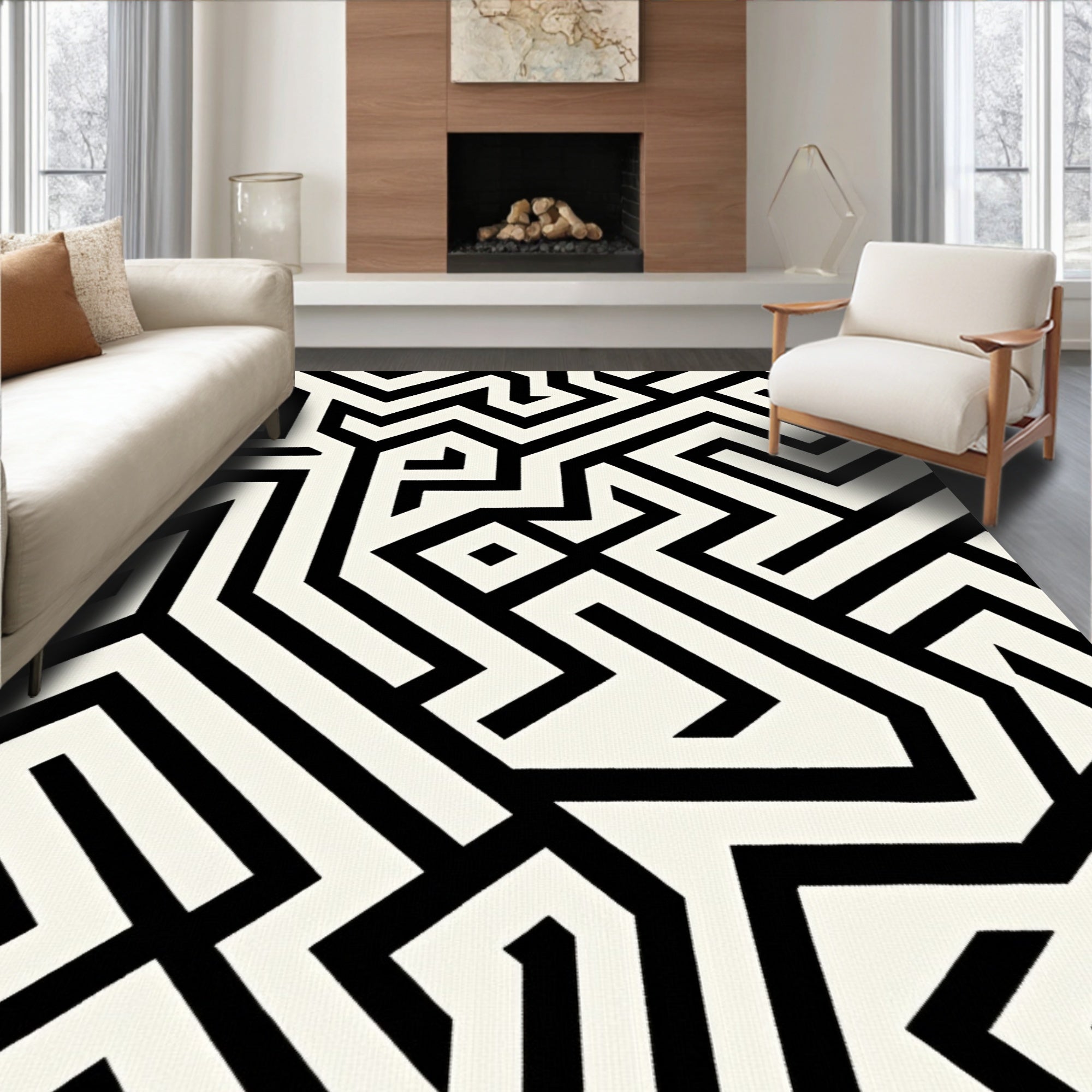 Sharp Monochrome Maze Lines Rug