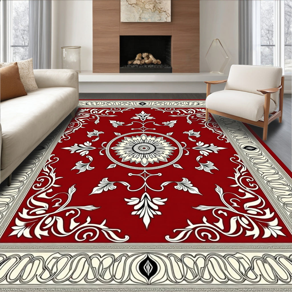 Ornate Red Floral Scrollwork Rectangle Rug