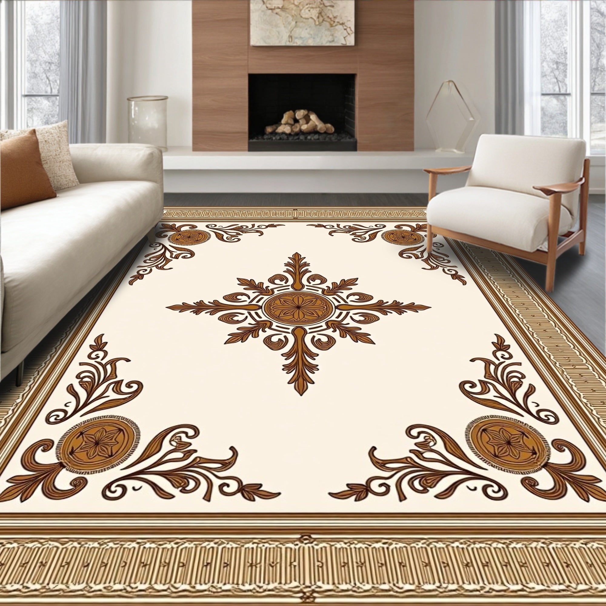 Brown Floral Medallion Bordered Rug