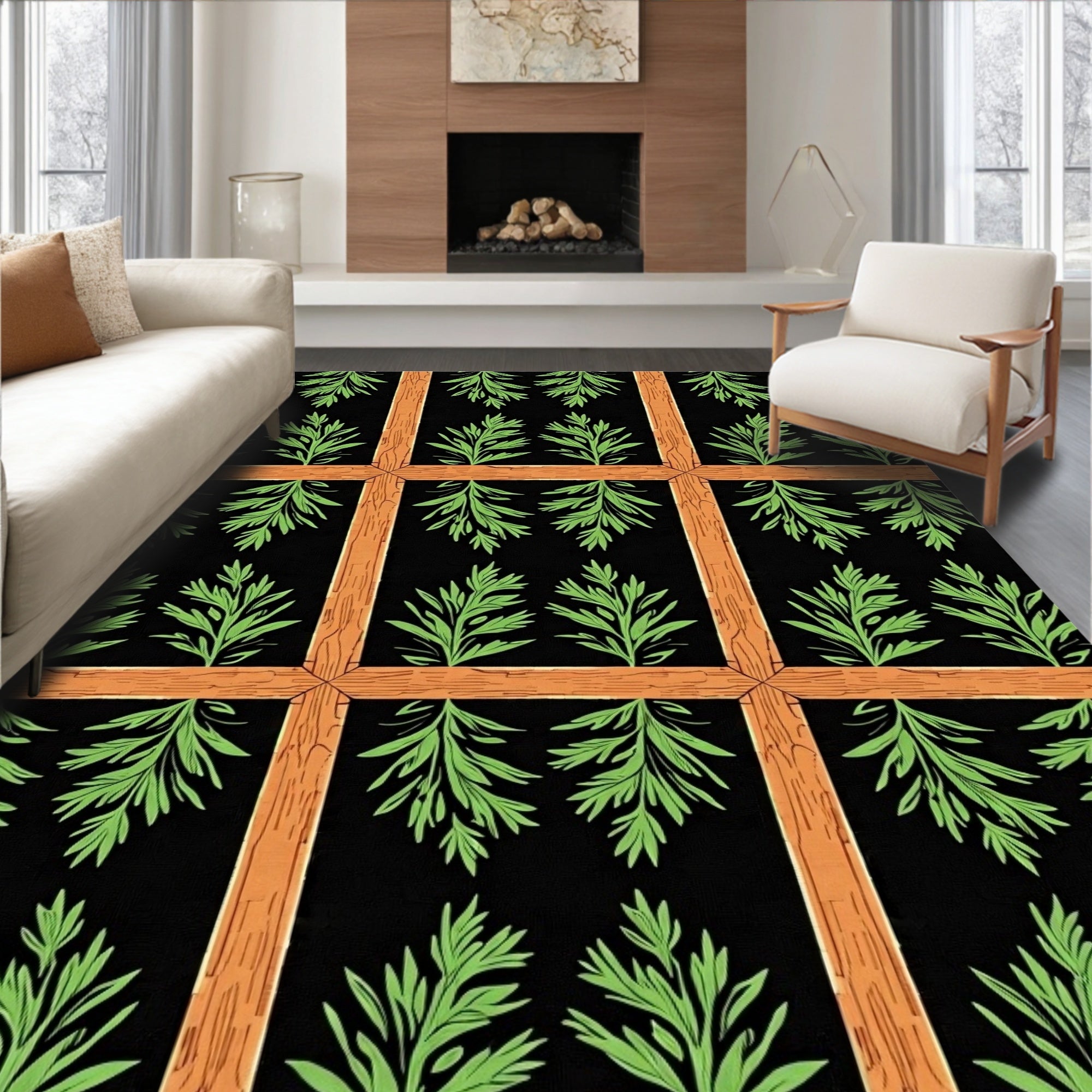 Black Wood Frame Green Foliage Rug