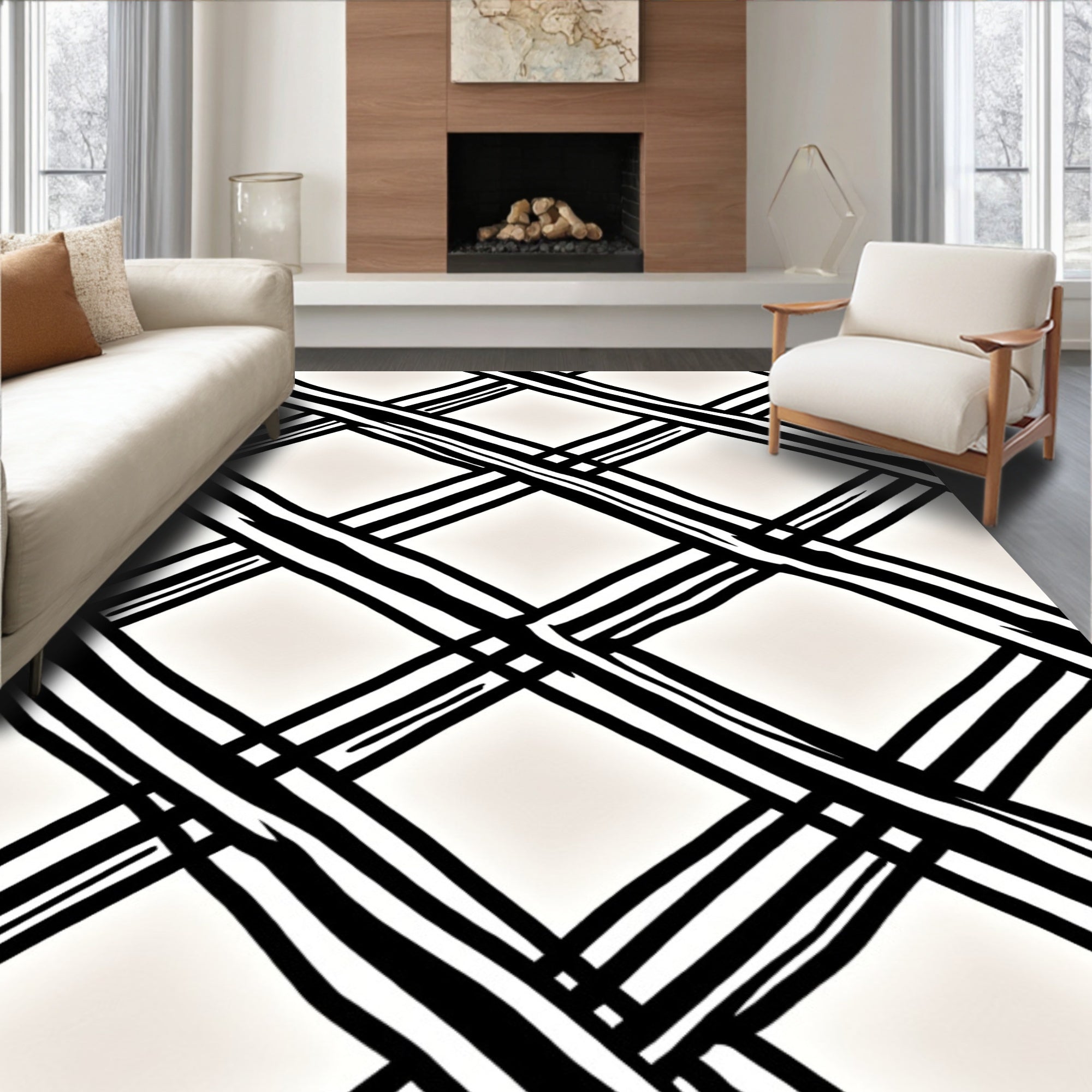 Bold Black Lattice Cream Rug