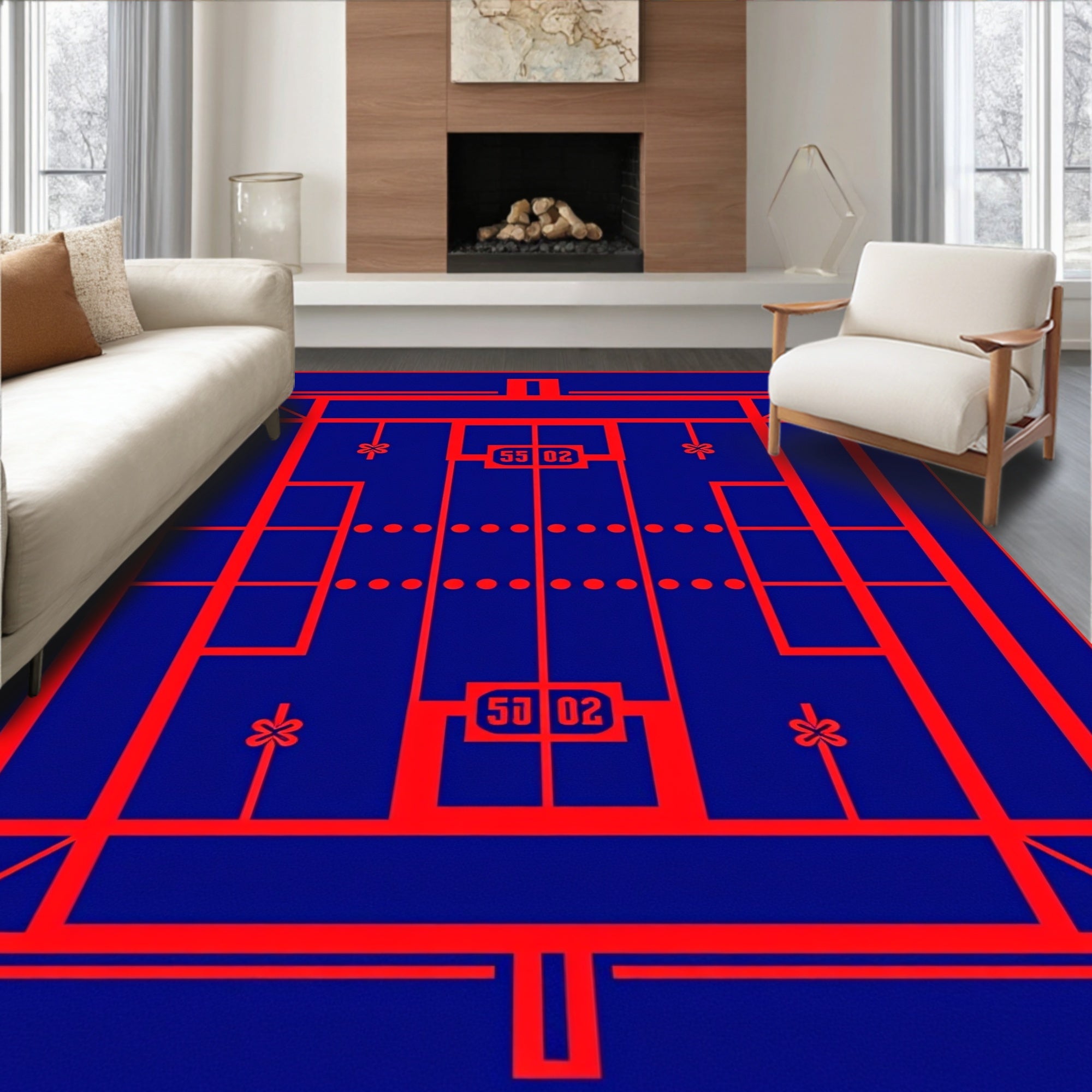 Geometric Red Grid Blue Rug
