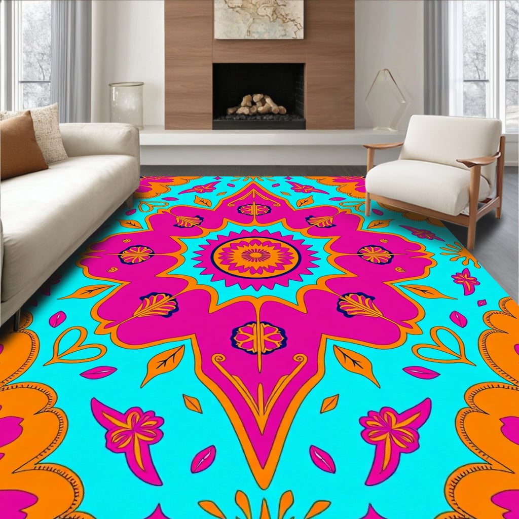 Vibrant Teal Pink Orange Ethnic Mandala Rug