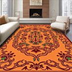 Orange Burgundy Green Floral Scroll Rug