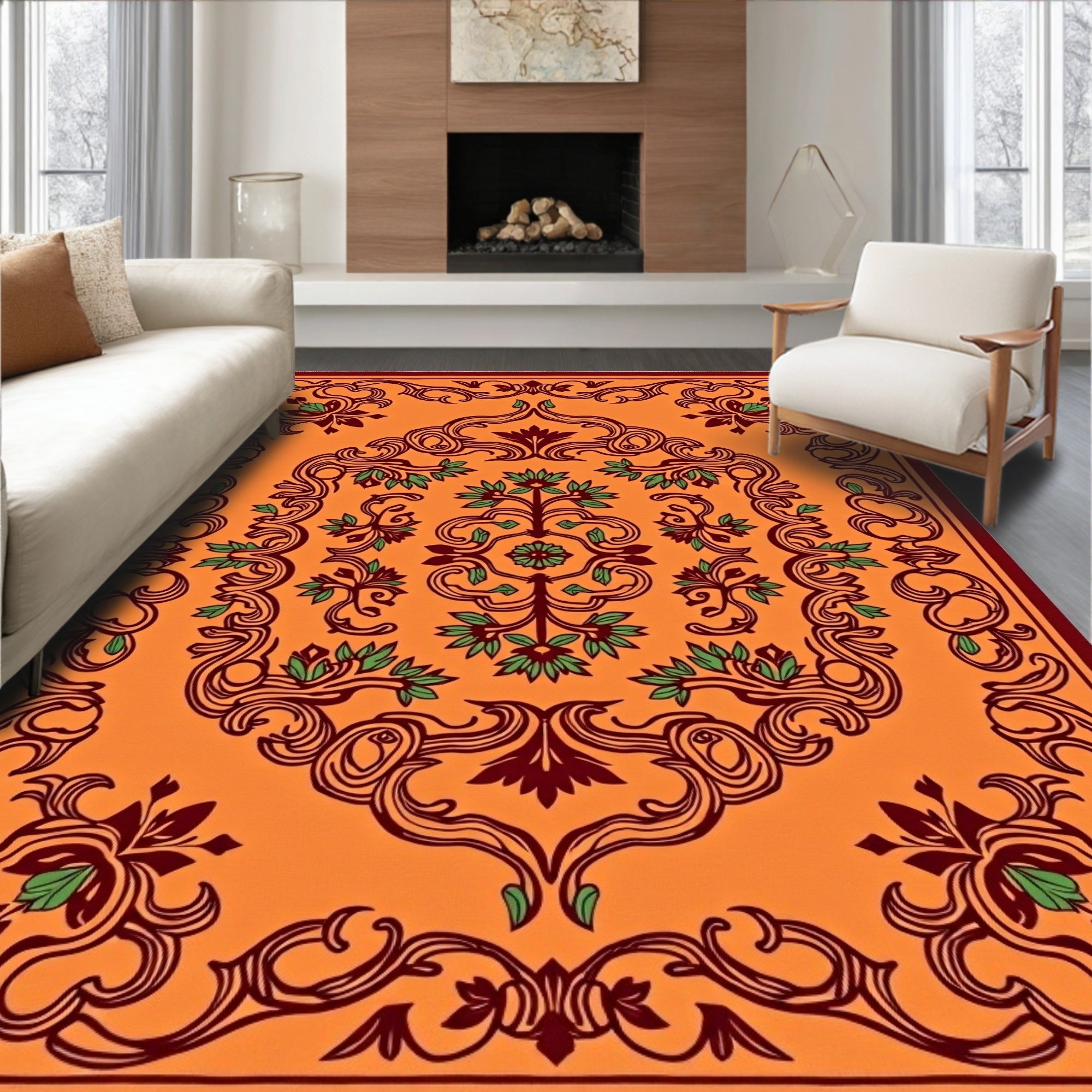 Orange Burgundy Green Floral Scroll Rug