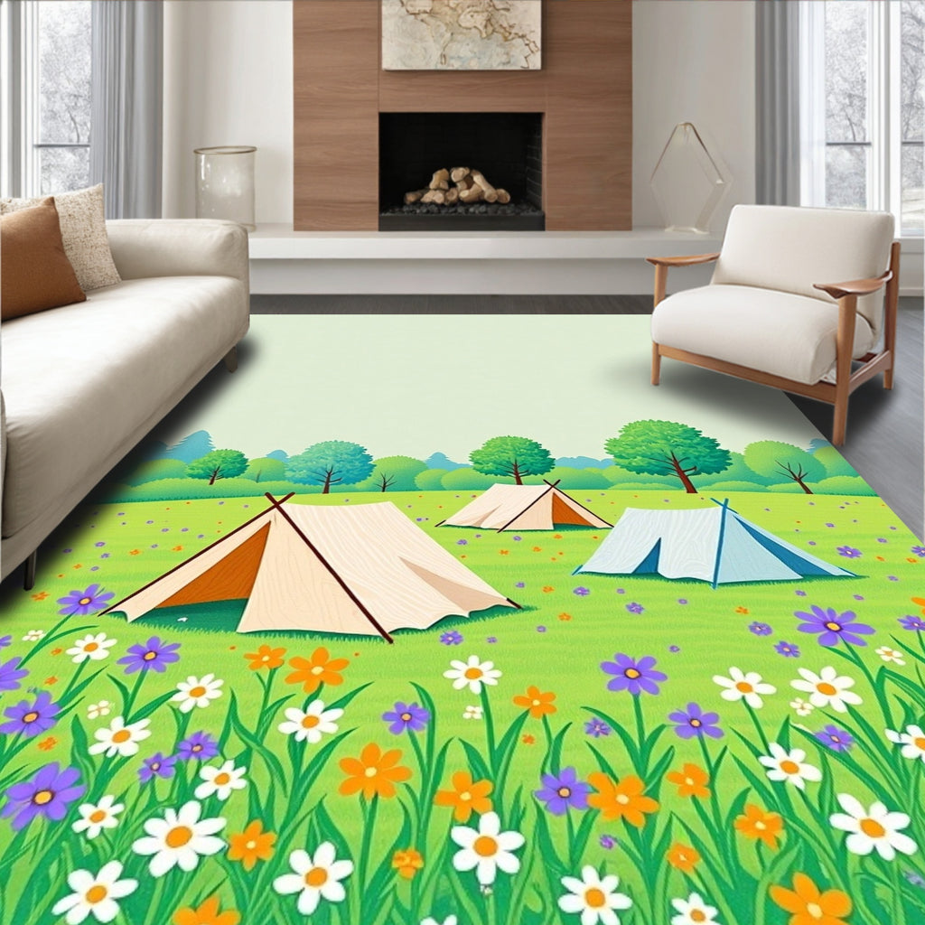 Whimsical Floral Meadow Camping Scene Rug