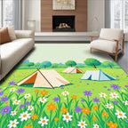 Whimsical Floral Meadow Camping Scene Rug