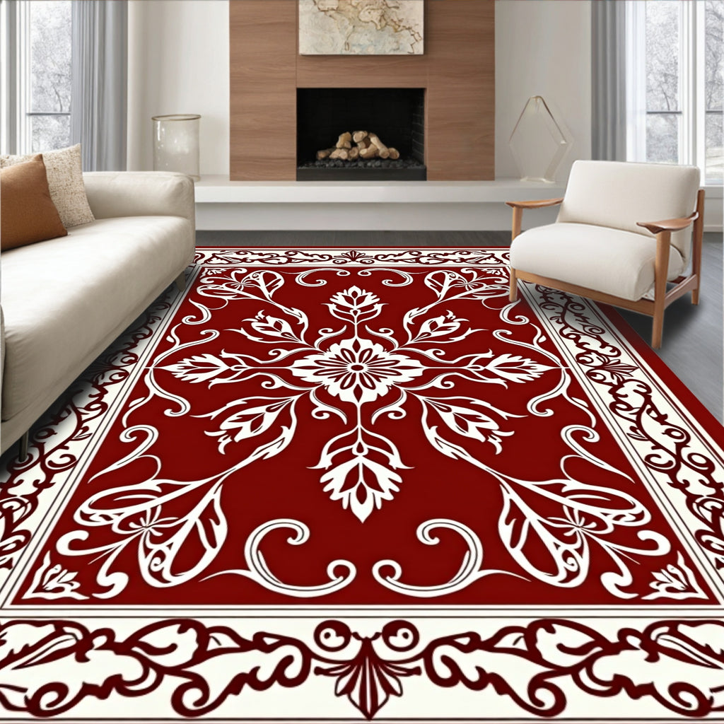 Rich Red Floral Medallion Border Rug