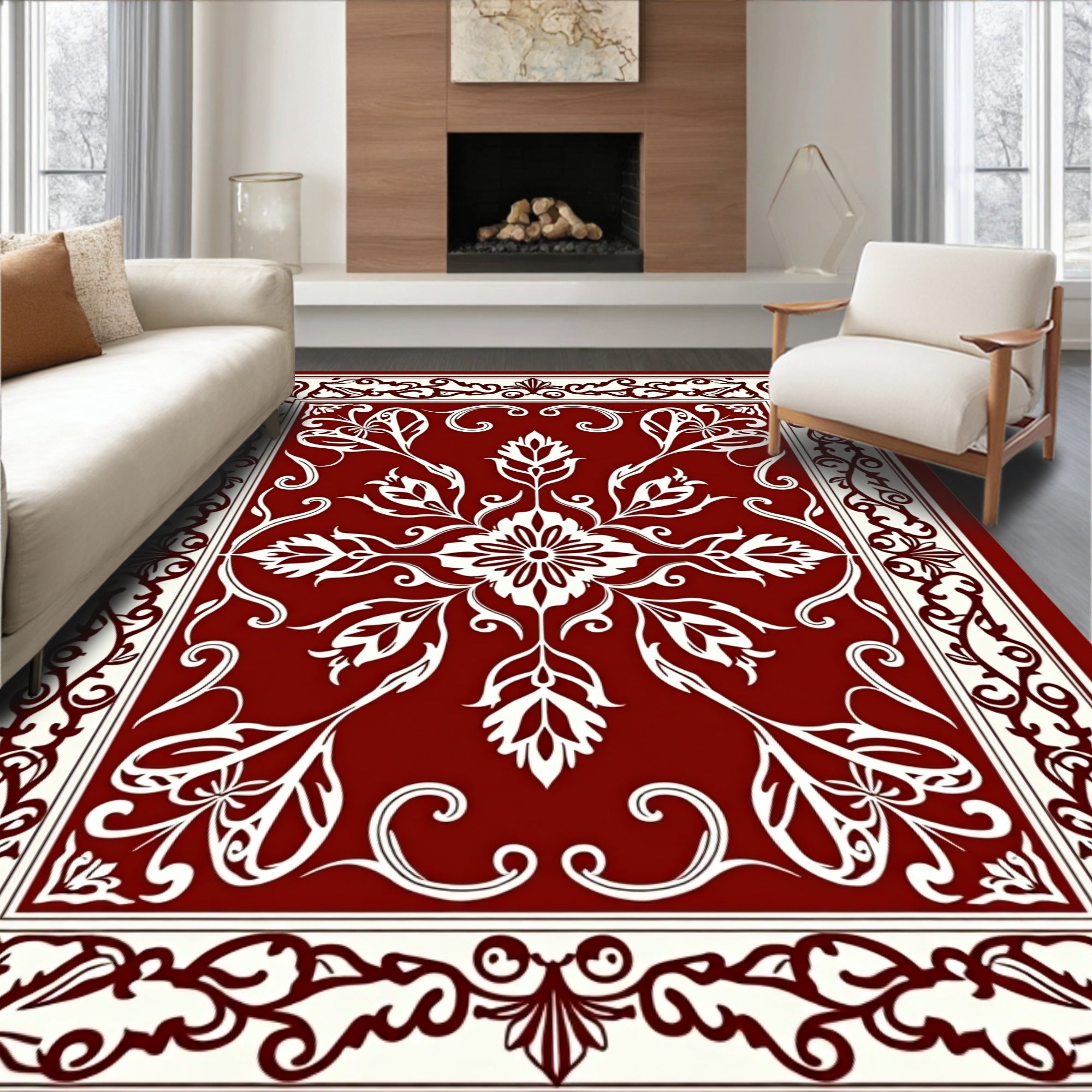 Rich Red Floral Medallion Border Rug
