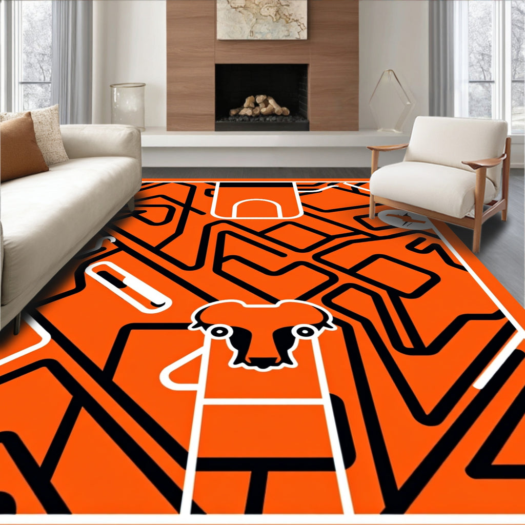 Bold Orange Cartoon Animal Maze Rug